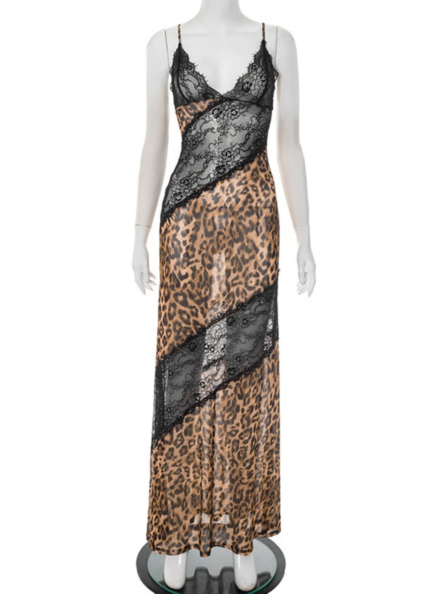 Leopard Print Lace Patchwork Deep V Halter Top Fish Tail Maxi Dresses - Image 5