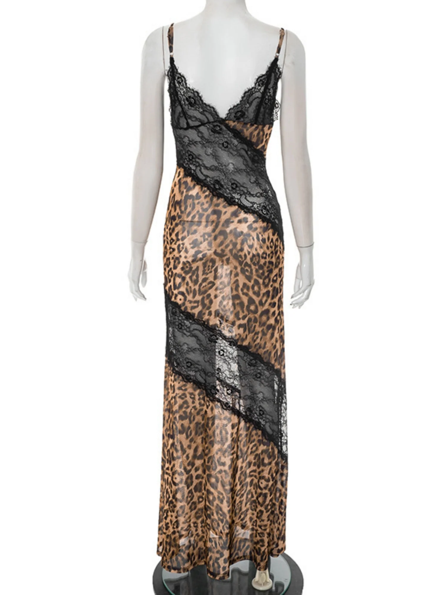 Leopard Print Lace Patchwork Deep V Halter Top Fish Tail Maxi Dresses - Image 6