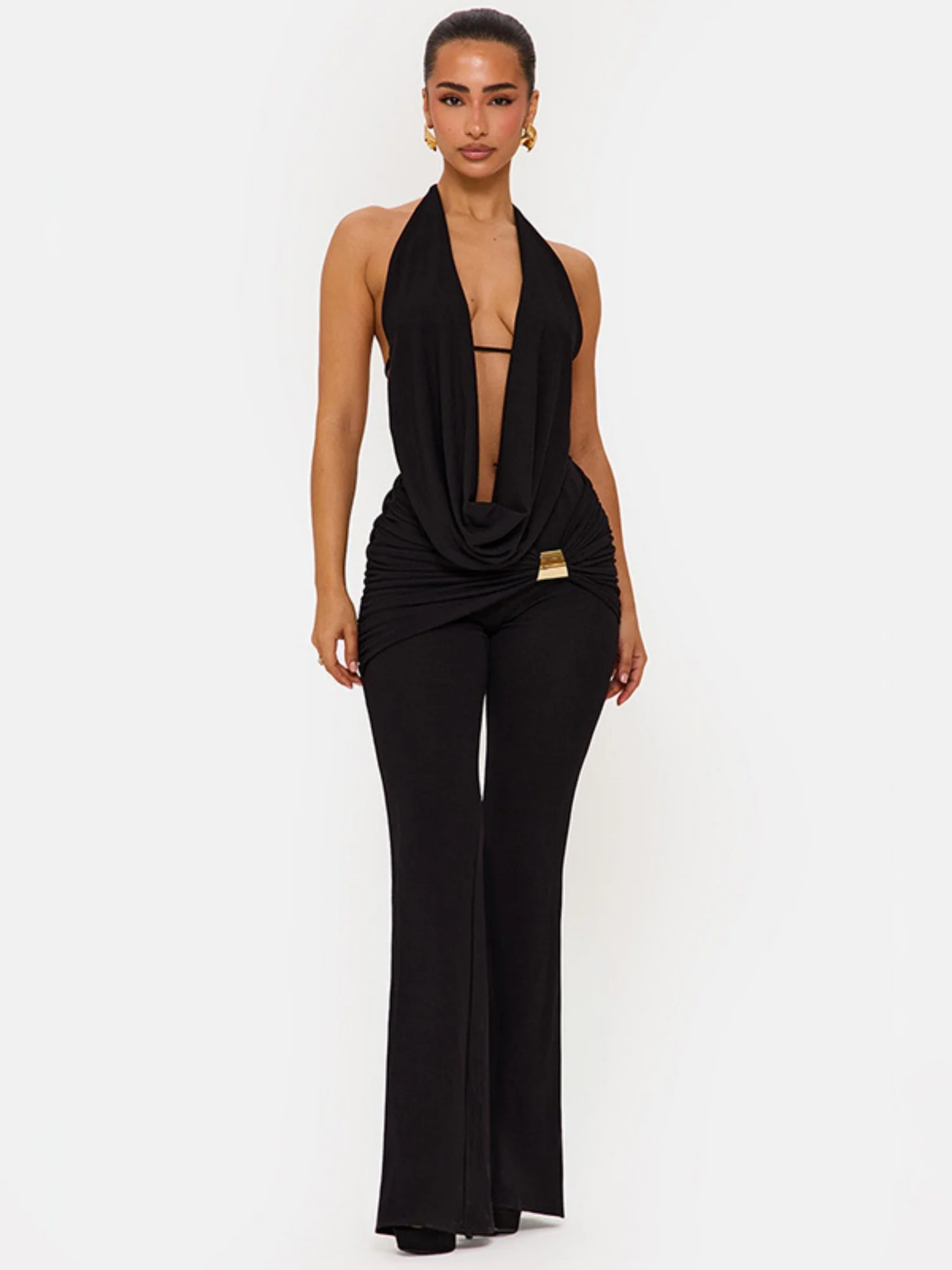 Halter Neck Collar Backless Tie-up Top Metal Buckle Flared Trousers 2-piece Sets - Image 2