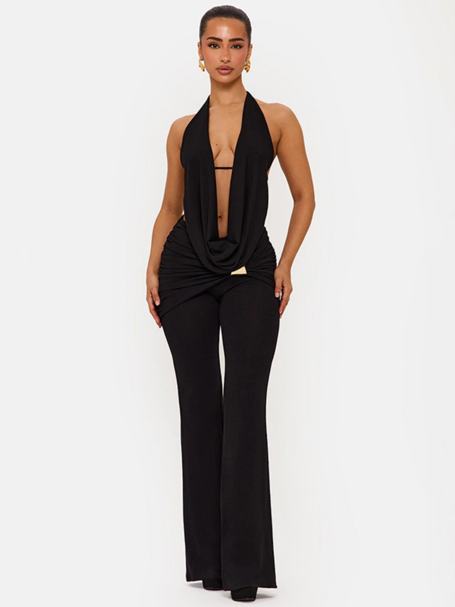 Halter Neck Collar Backless Tie-up Top Metal Buckle Flared Trousers 2-piece Sets - Image 3