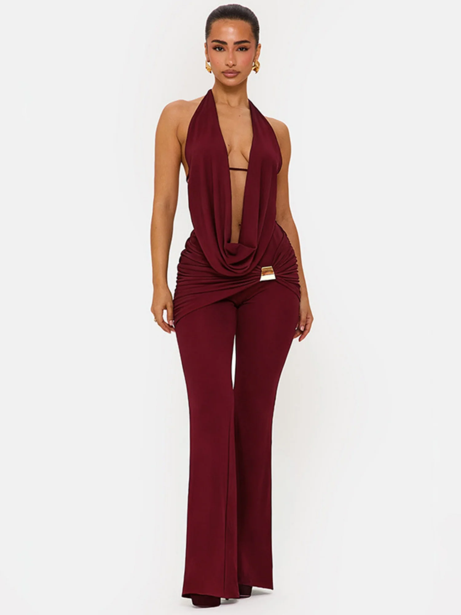 Halter Neck Collar Backless Tie-up Top Metal Buckle Flared Trousers 2-piece Sets - Image 4