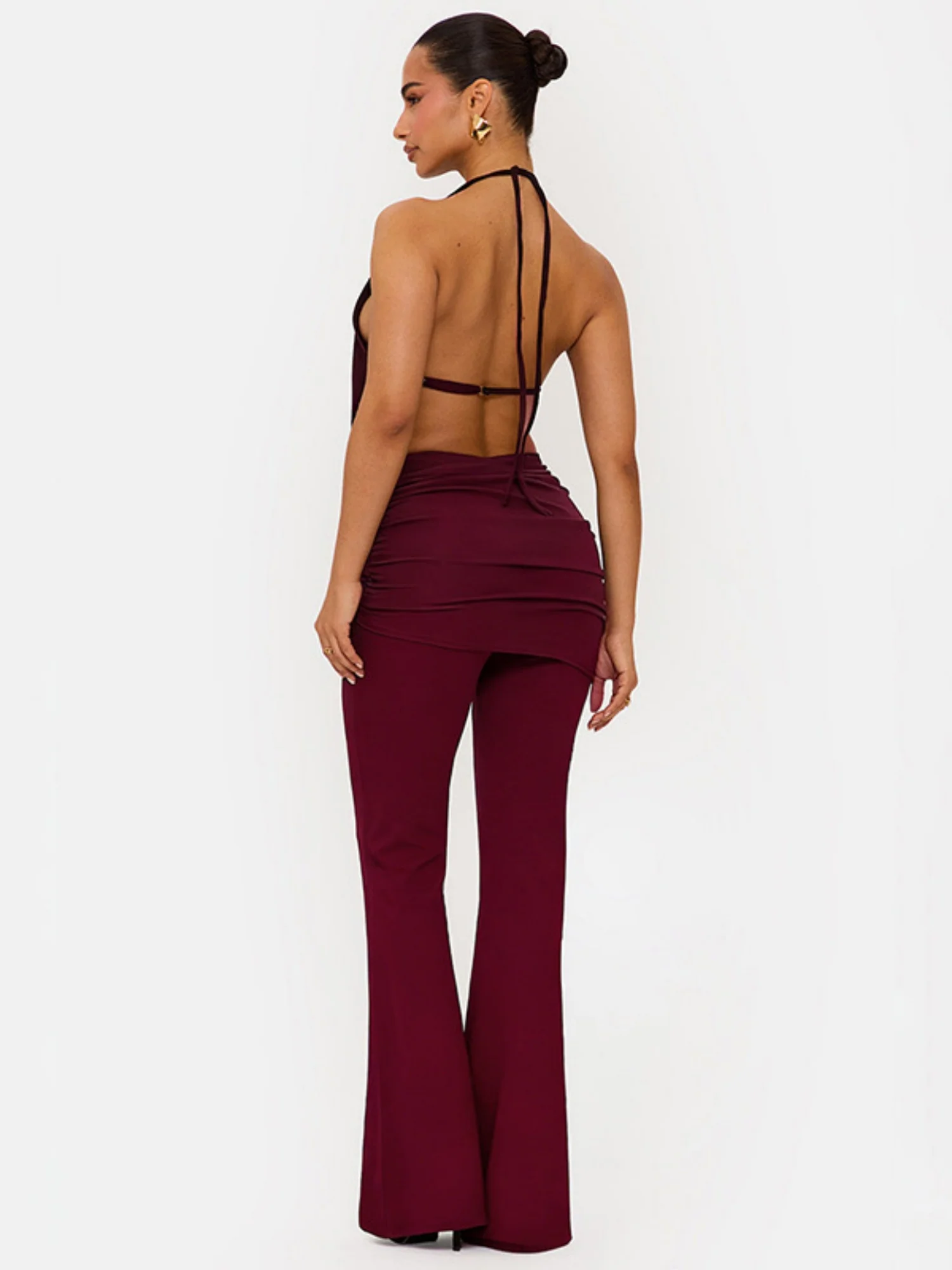 Halter Neck Collar Backless Tie-up Top Metal Buckle Flared Trousers 2-piece Sets - Image 5