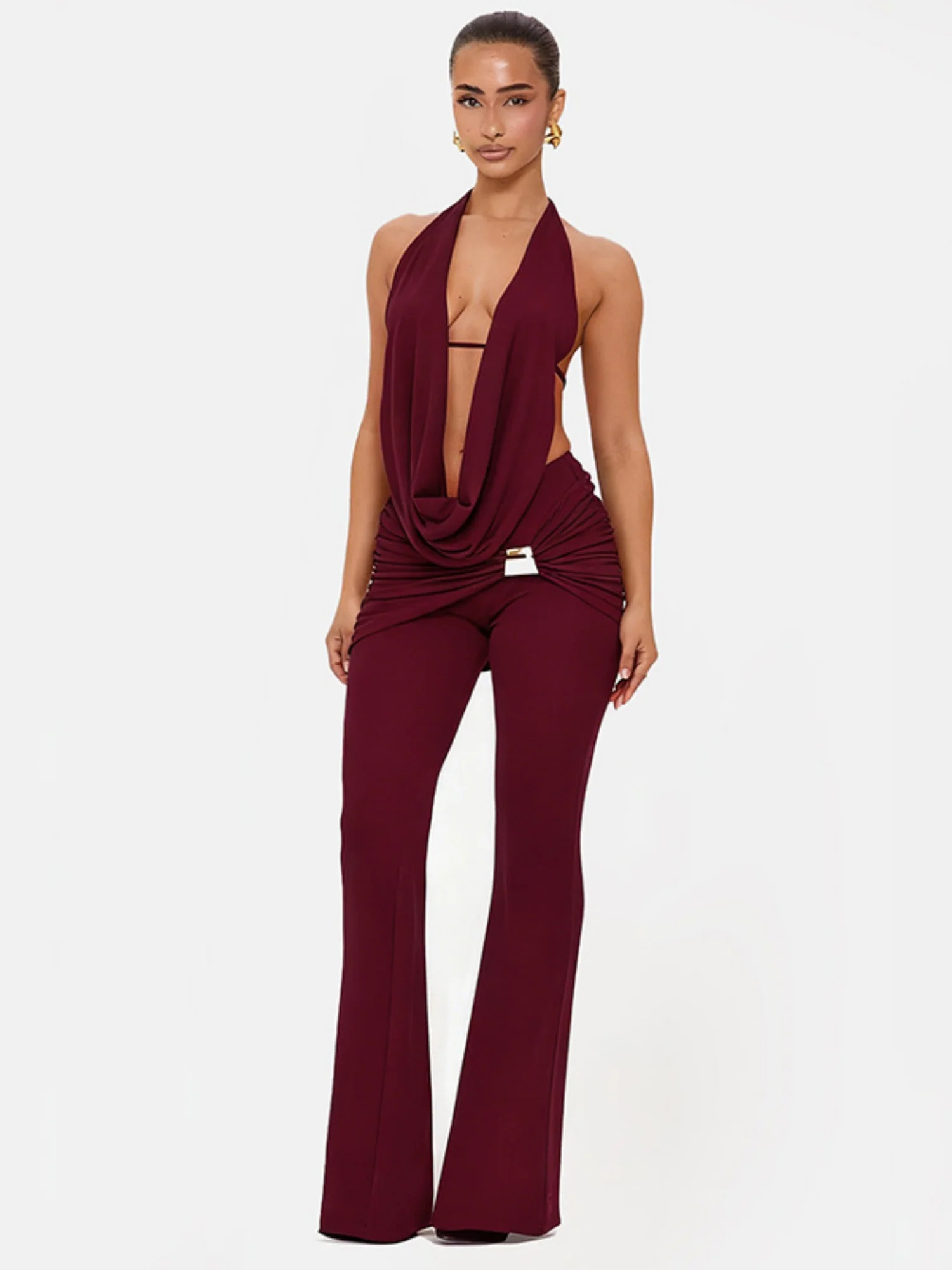 Halter Neck Collar Backless Tie-up Top Metal Buckle Flared Trousers 2-piece Sets - Image 6