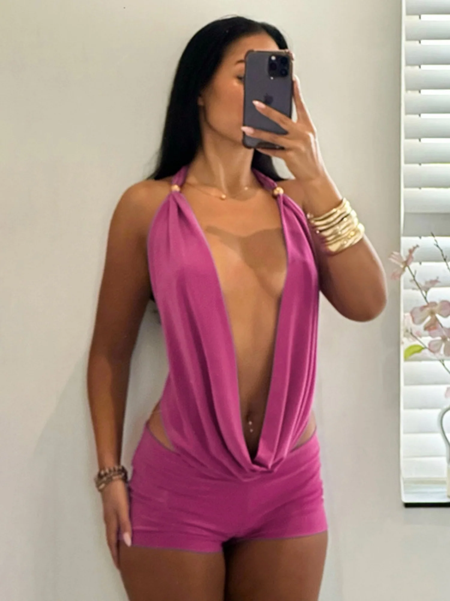 Metallic Gloss Deep V-neck Neck Strap Tight Shorts 2-piece Sets - Image 3