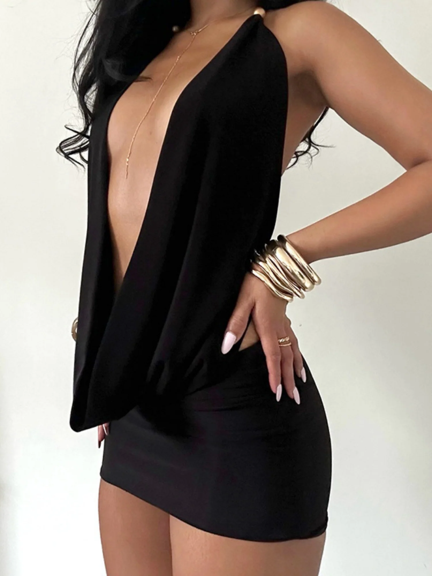 Metallic Gloss Deep V-neck Neck Strap Tight Shorts 2-piece Sets - Image 7