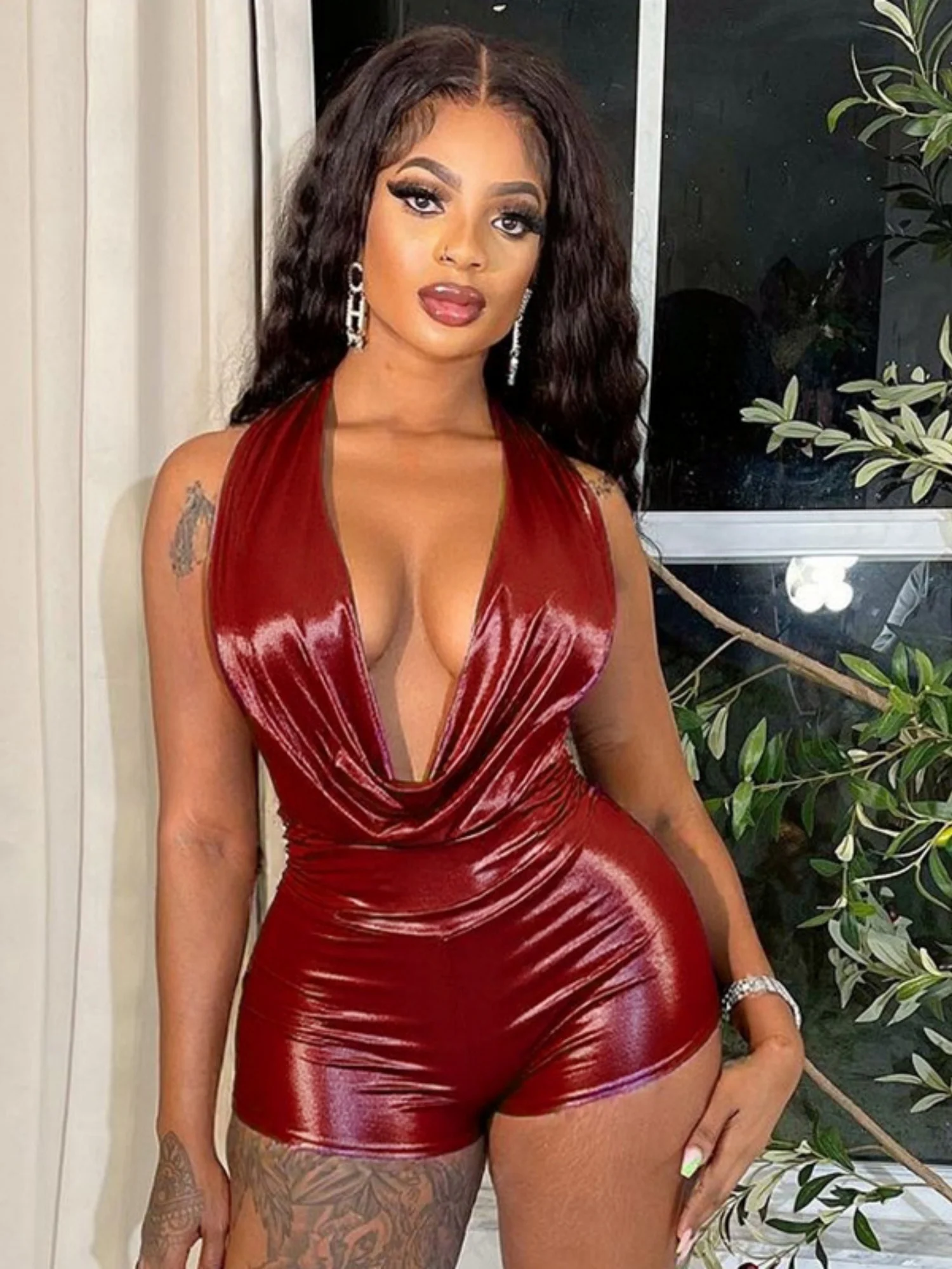 Metallic Gloss Deep V-neck Halter Neck Strap Jumpsuits - Image 3