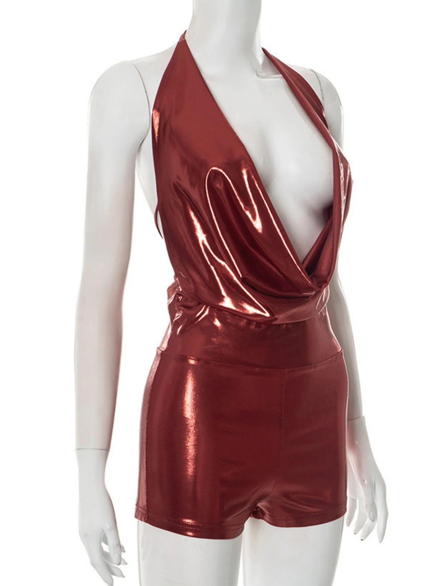 Metallic Gloss Deep V-neck Halter Neck Strap Jumpsuits - Image 5