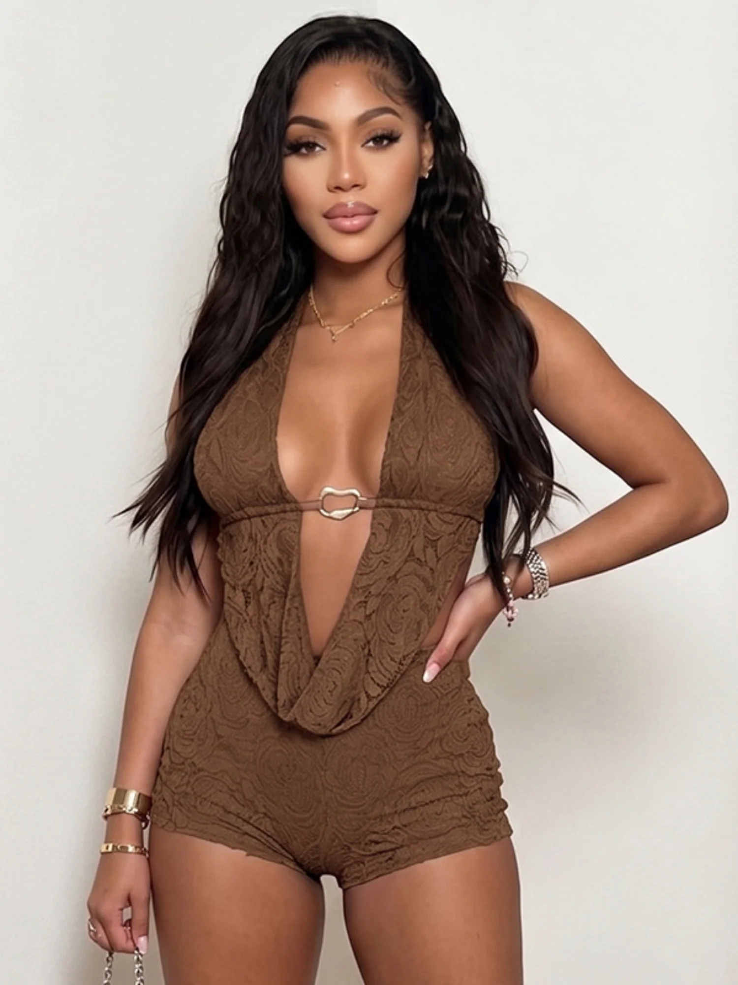 Lace Sway Neck Backless Top Slim-fit Shorts 2-piece Sets - Image 5