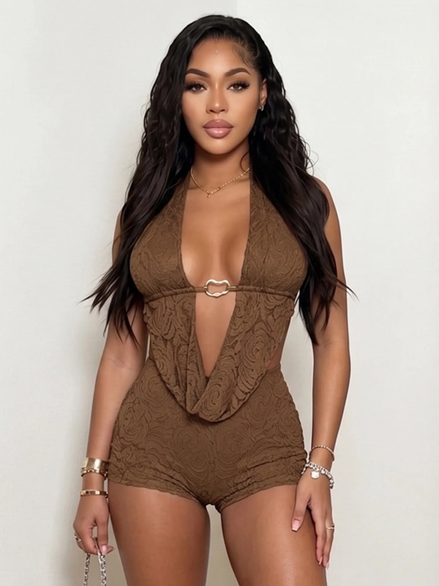 Lace Sway Neck Backless Top Slim-fit Shorts 2-piece Sets - Image 7