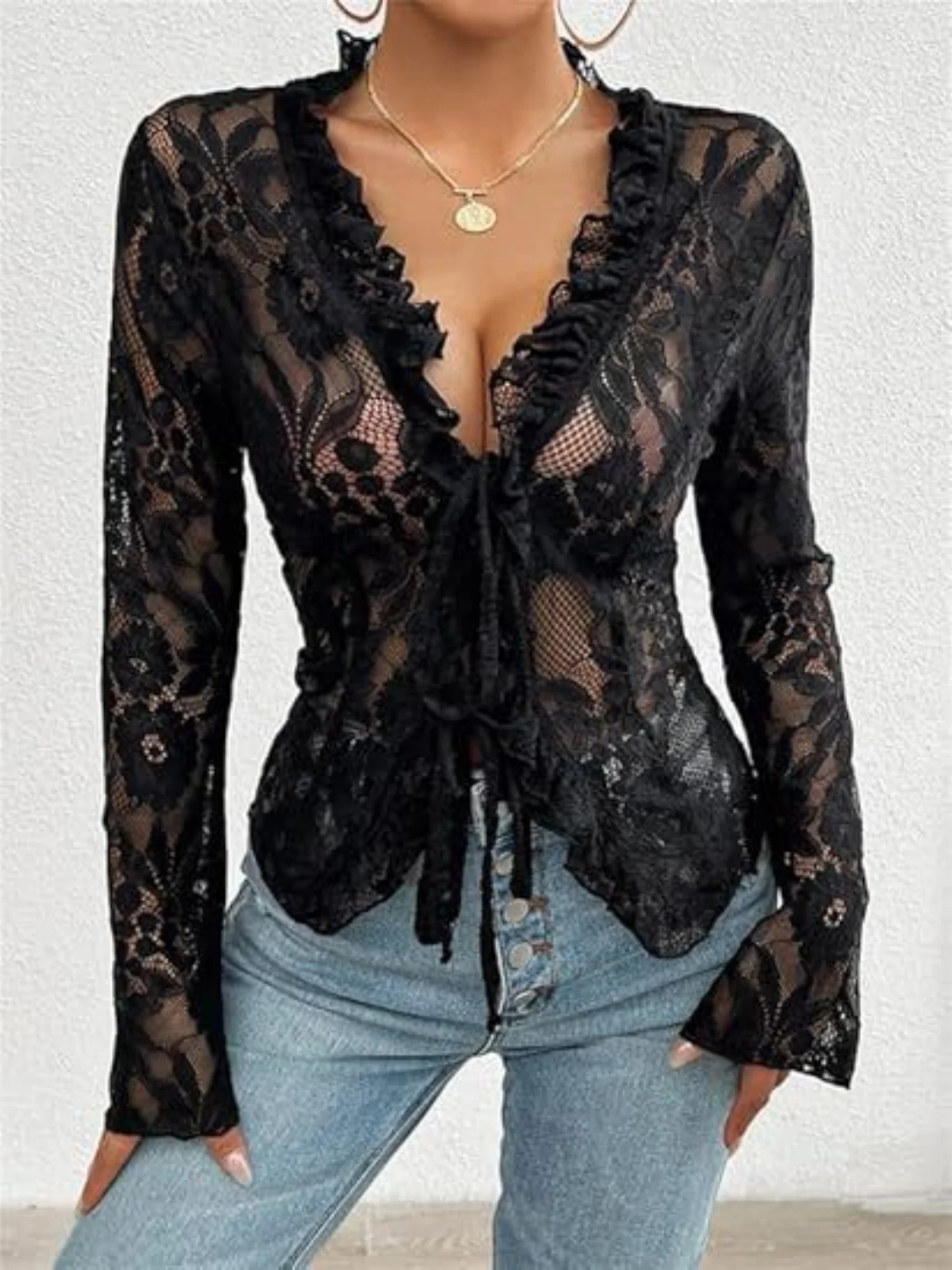 Lace See-through Ruffle Open Front With Tie Sweet T-shirts - Image 10