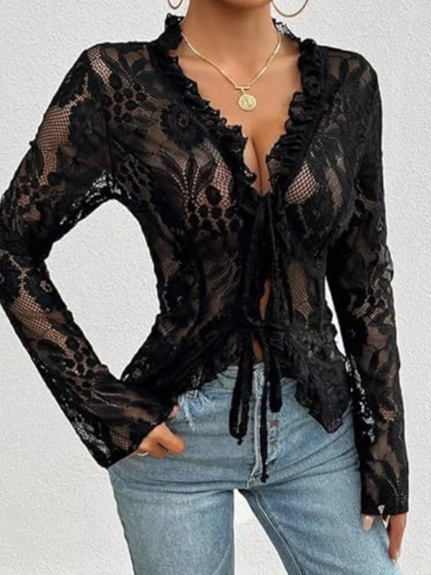 Lace See-through Ruffle Open Front With Tie Sweet T-shirts - Image 8