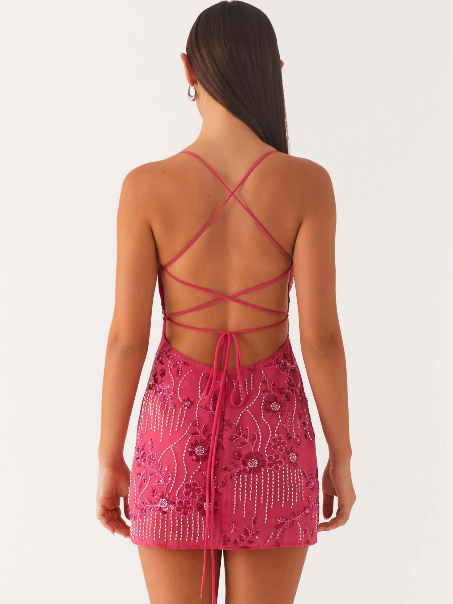 Sequin Beads Spaghetti Strap Backless Tie Sweet Mini&Short Dresses - Image 2