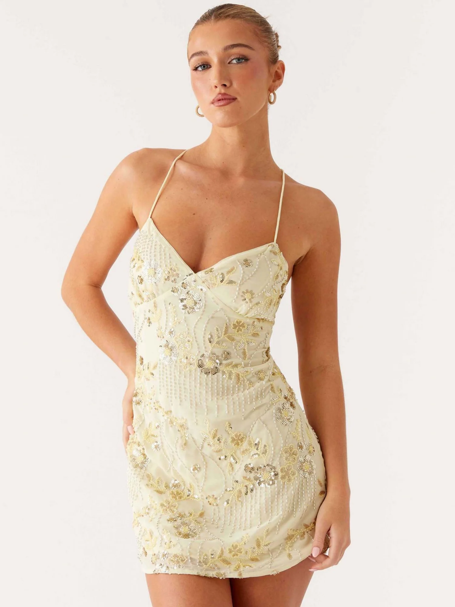 Sequin Beads Spaghetti Strap Backless Tie Sweet Mini&Short Dresses - Image 9
