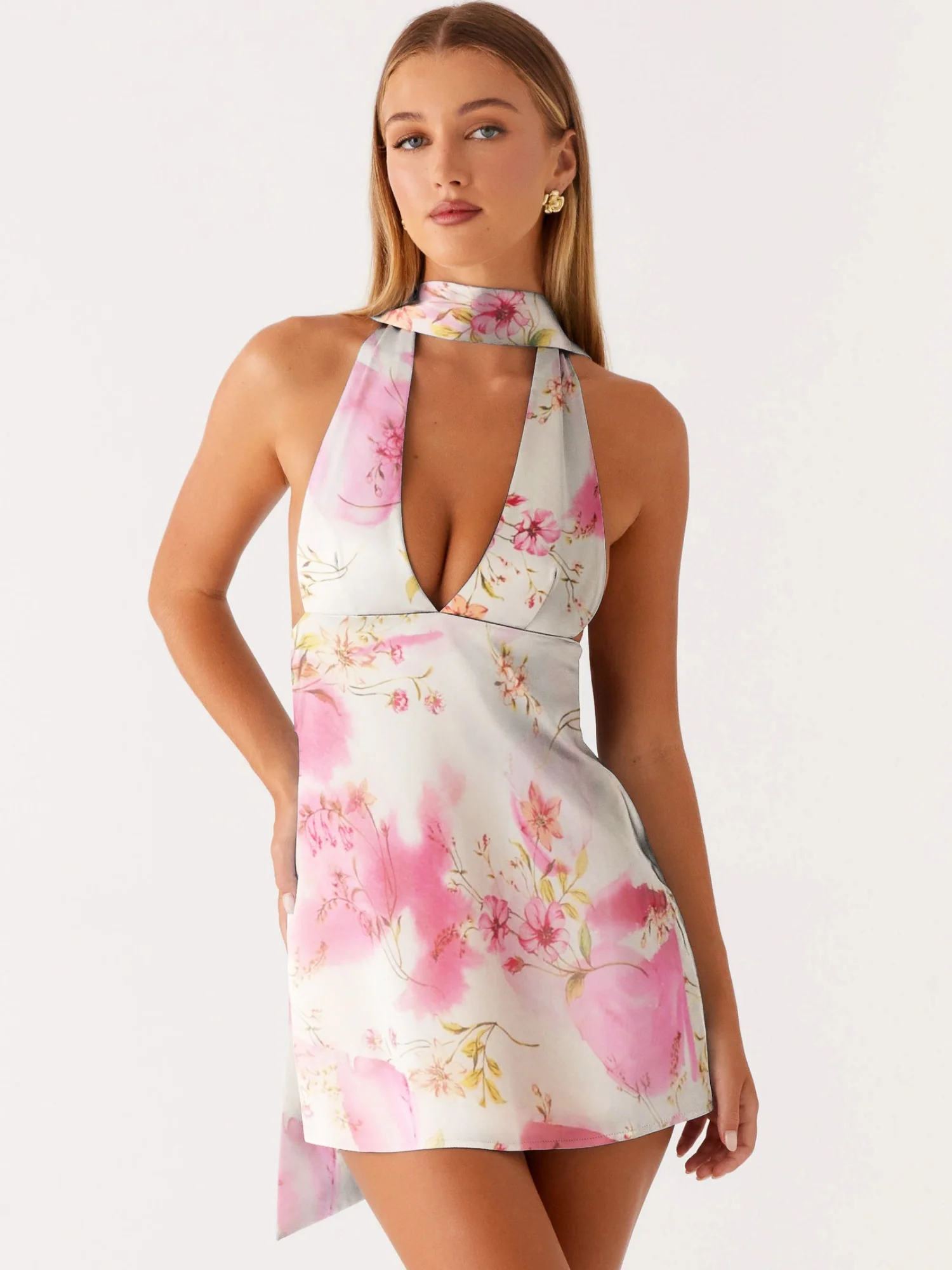 Printed Halter Neck Deep V Backless Mini&Short Dresses - Image 3