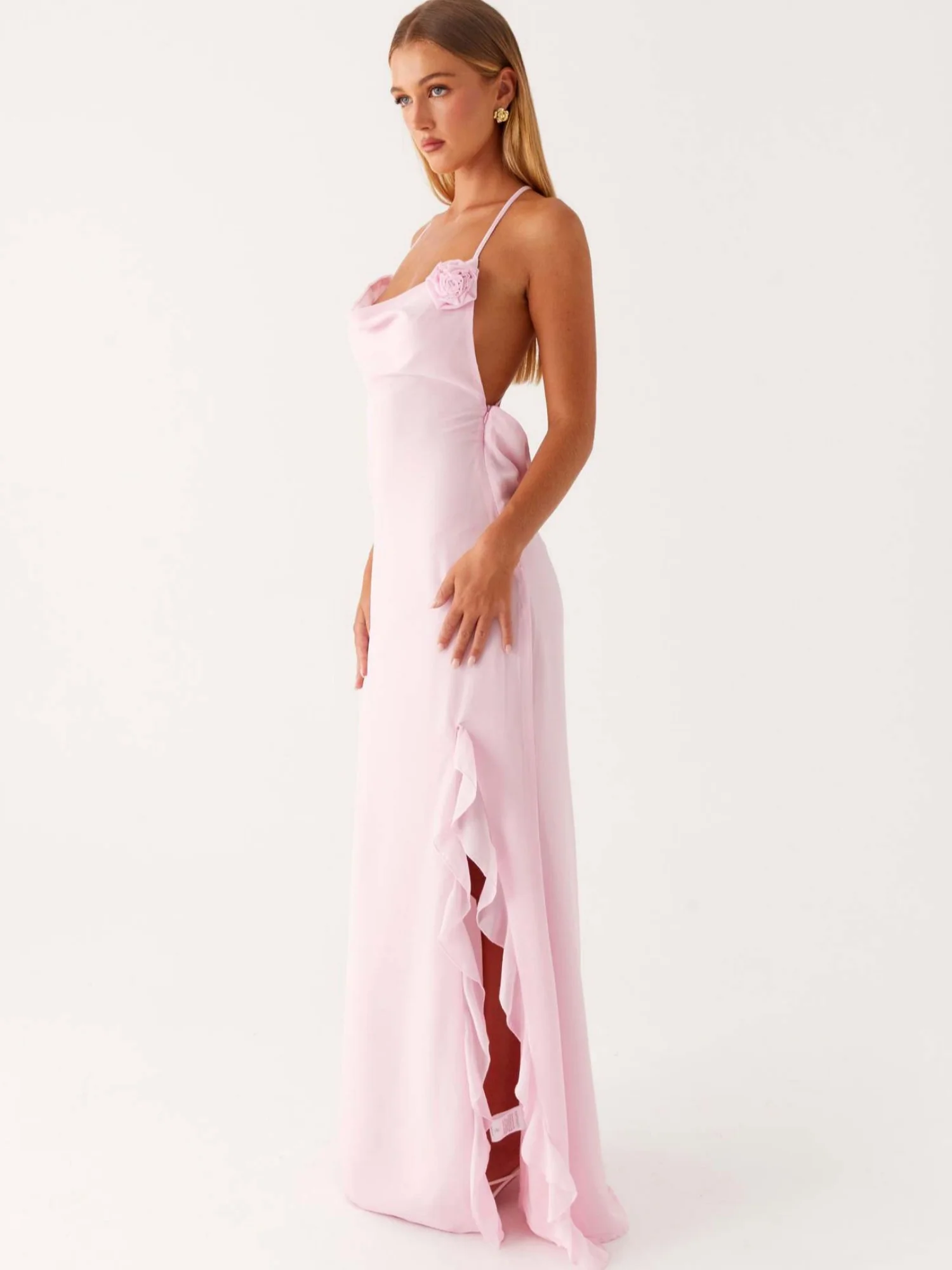 3D Flowers Backless And Slit V-neck Suspenders Maxi Dresses - Image 3