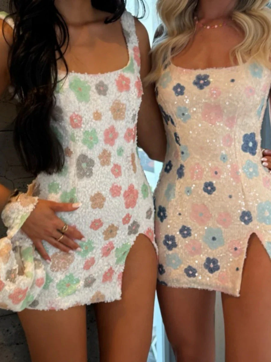 Color Flowers Sequins Slit Hip-hugging Mini&Short Dresses - Image 3