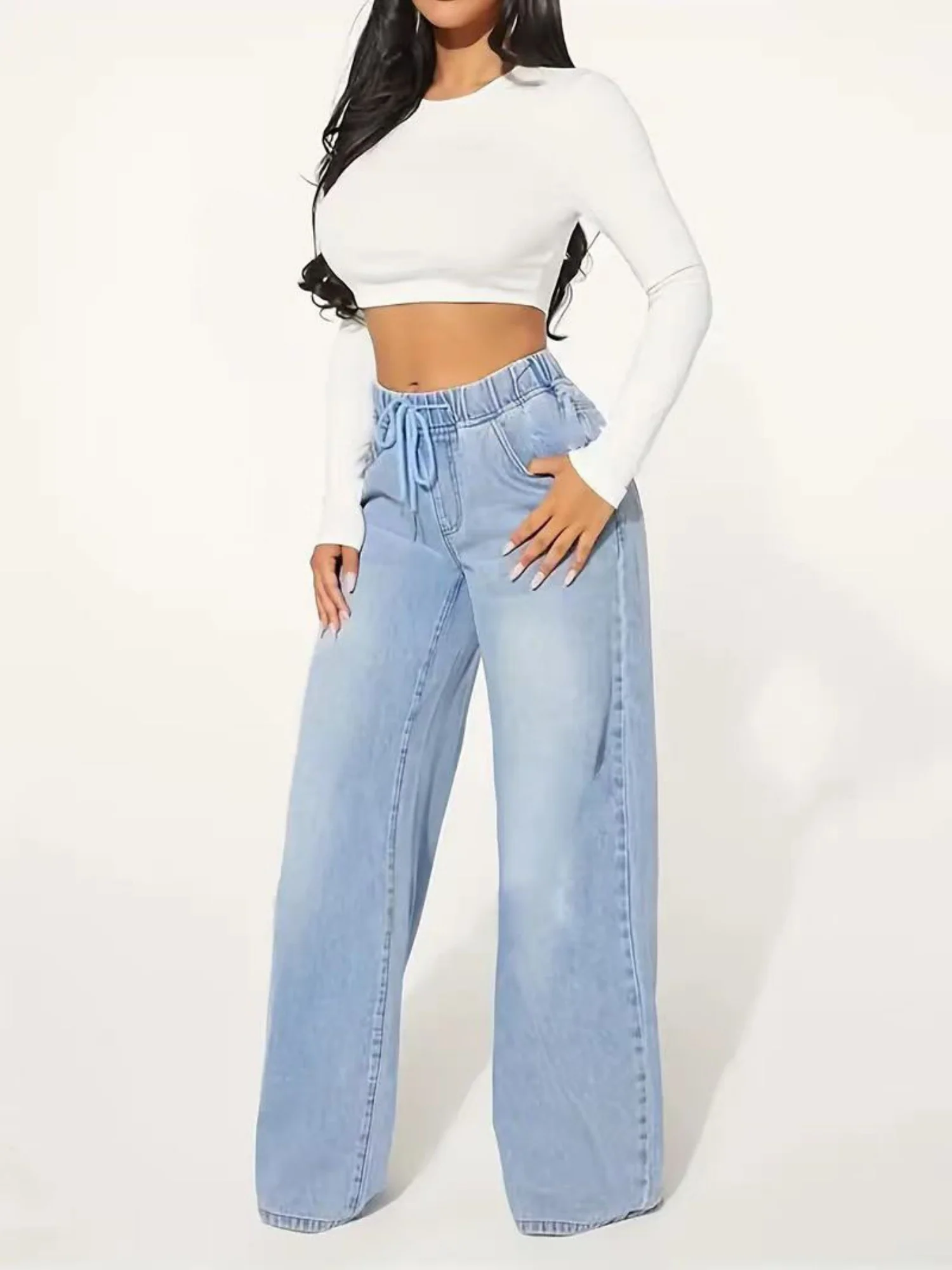 High-waisted Drawstring Loose Wide-leg Jeans - Image 2