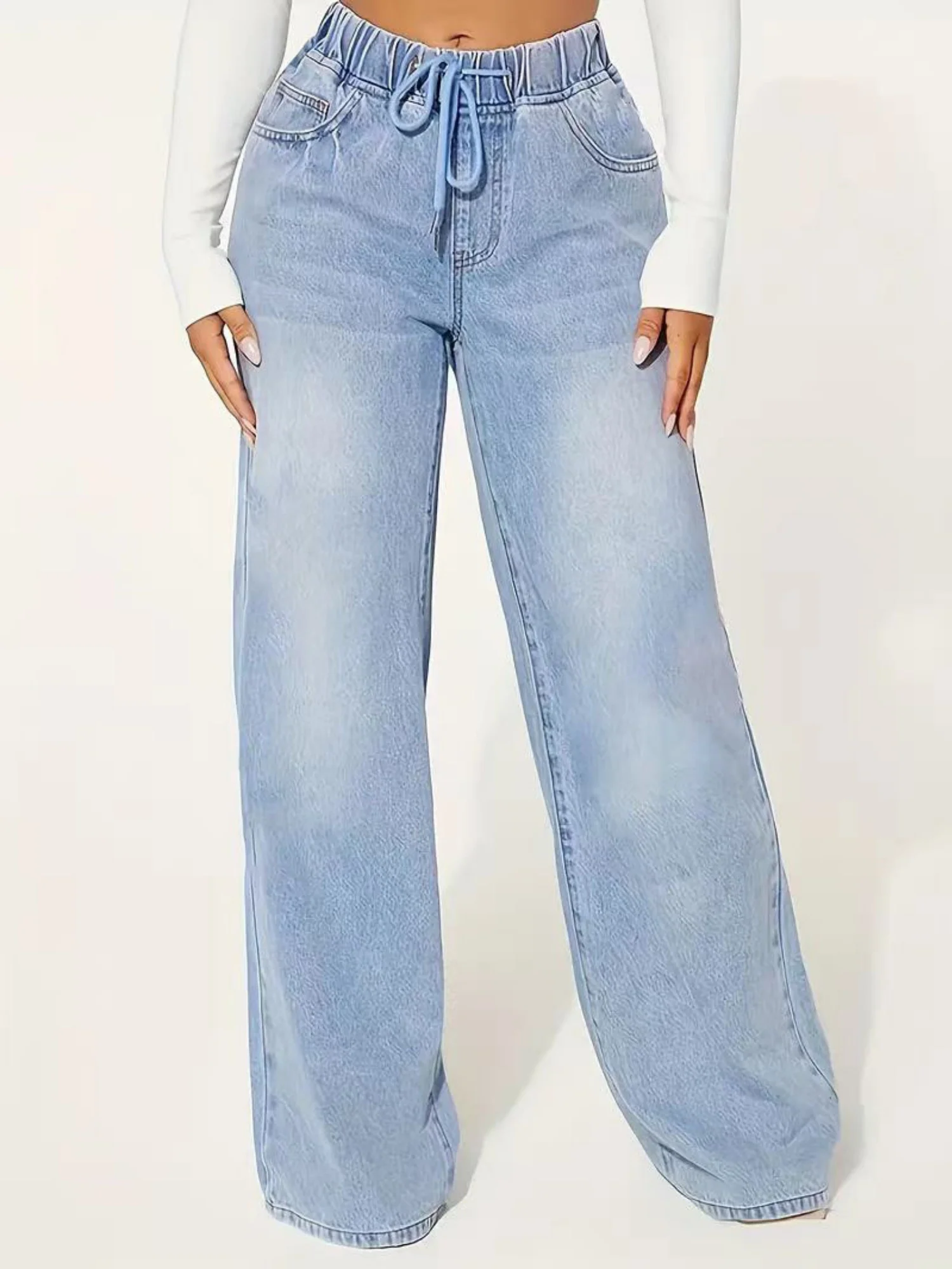 High-waisted Drawstring Loose Wide-leg Jeans - Image 3