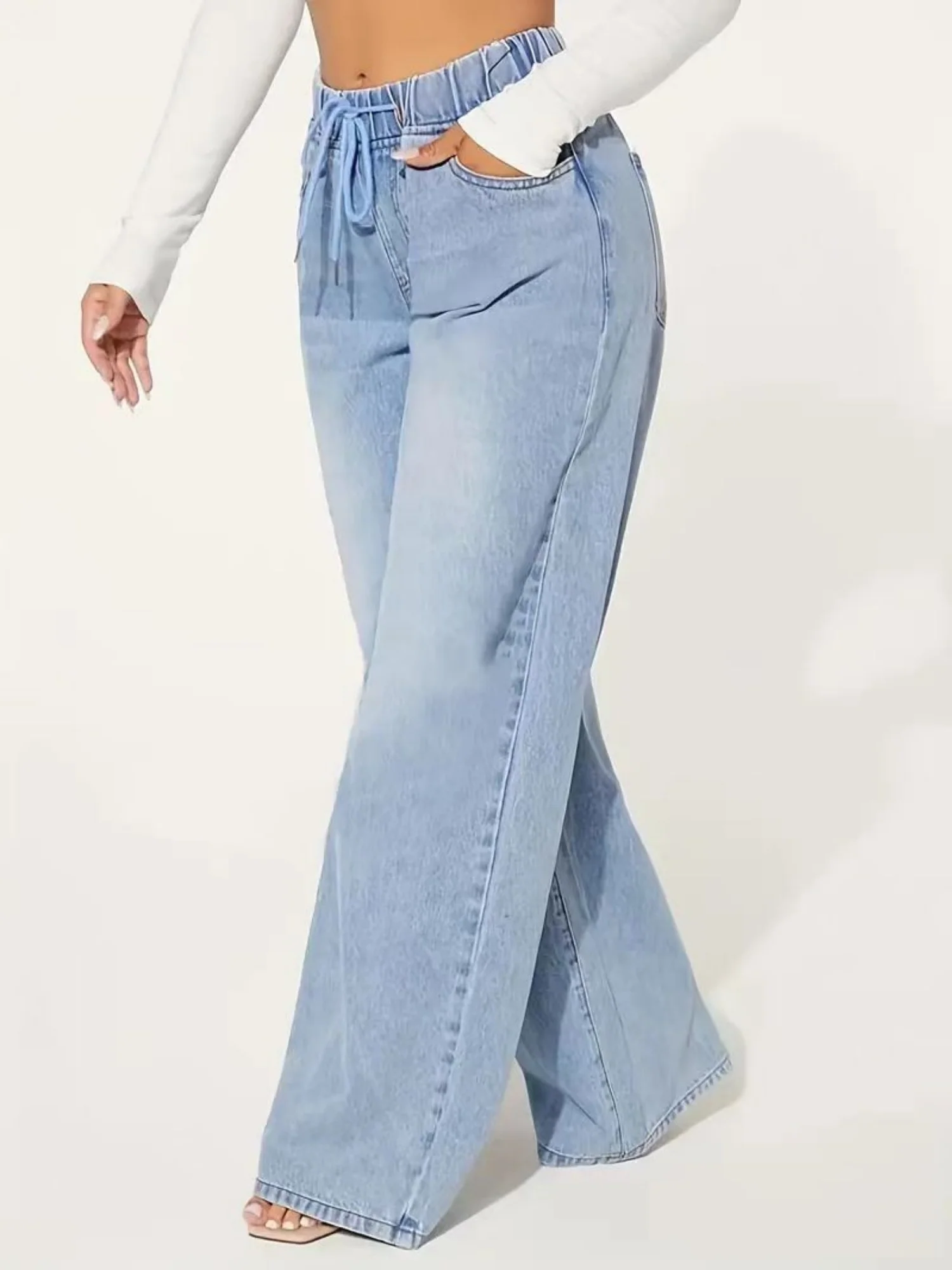 High-waisted Drawstring Loose Wide-leg Jeans - Image 5