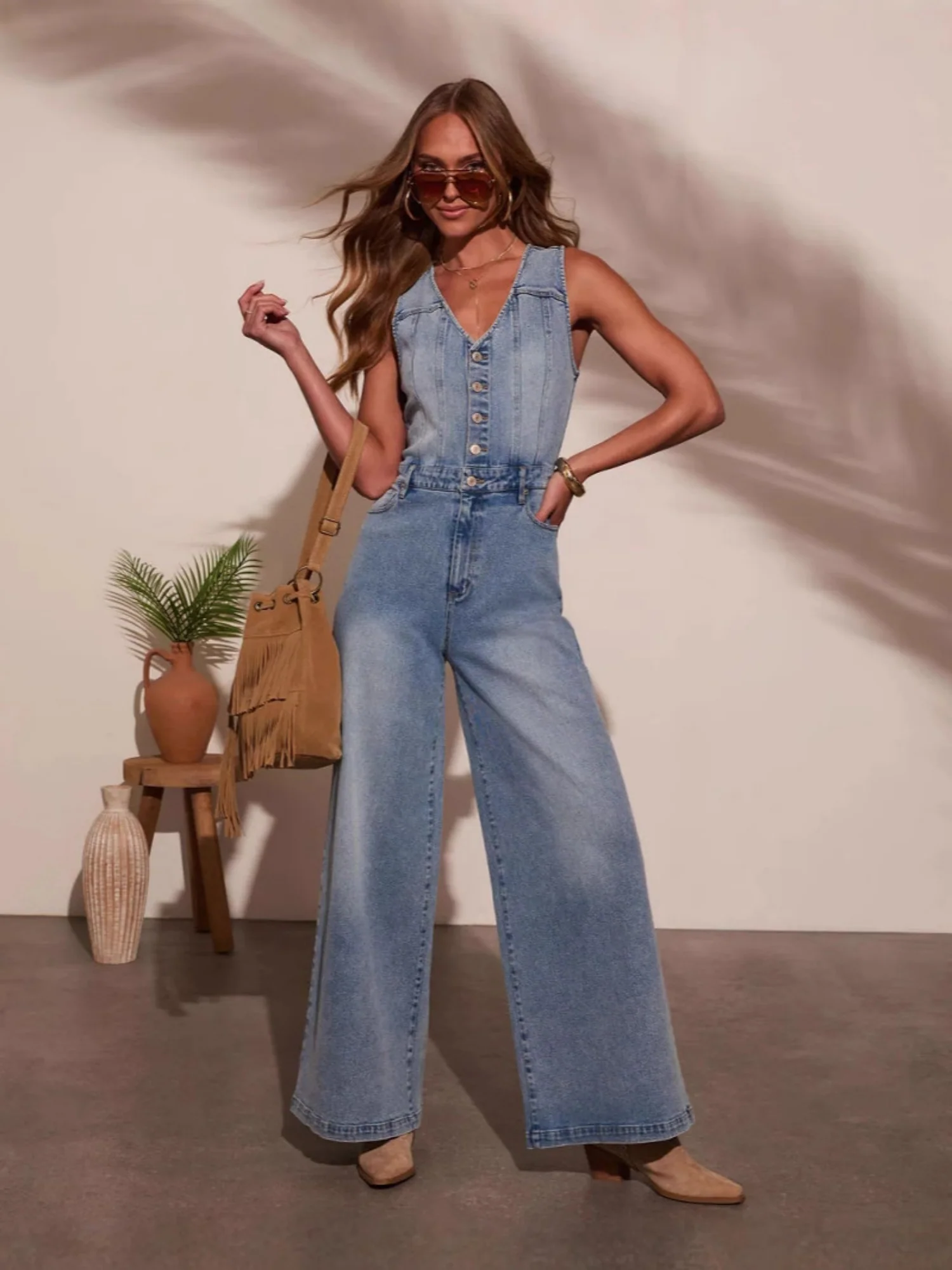 Denim Button-down Pockets V-neck Sleeveless Loose-fit Jumpsuits - Image 4