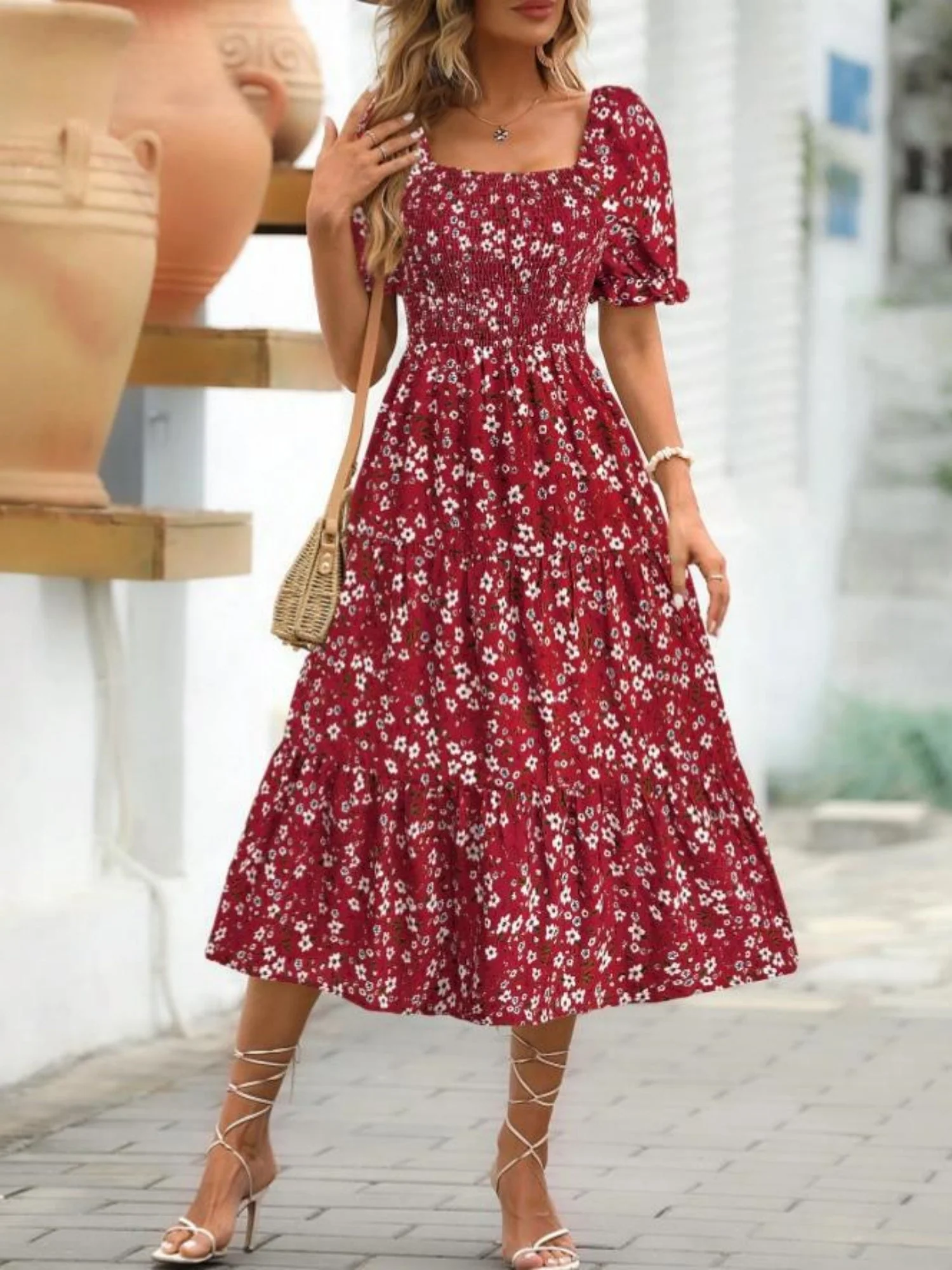 Floral Print Square Neckline And Puff Sleeves Maxi Dresses - Image 2