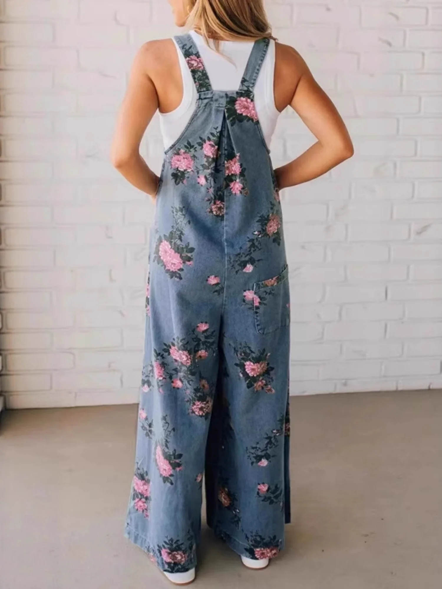 Denim Floral Print Pocket Sleeveless Suspenders Long Jumpsuit - Image 2