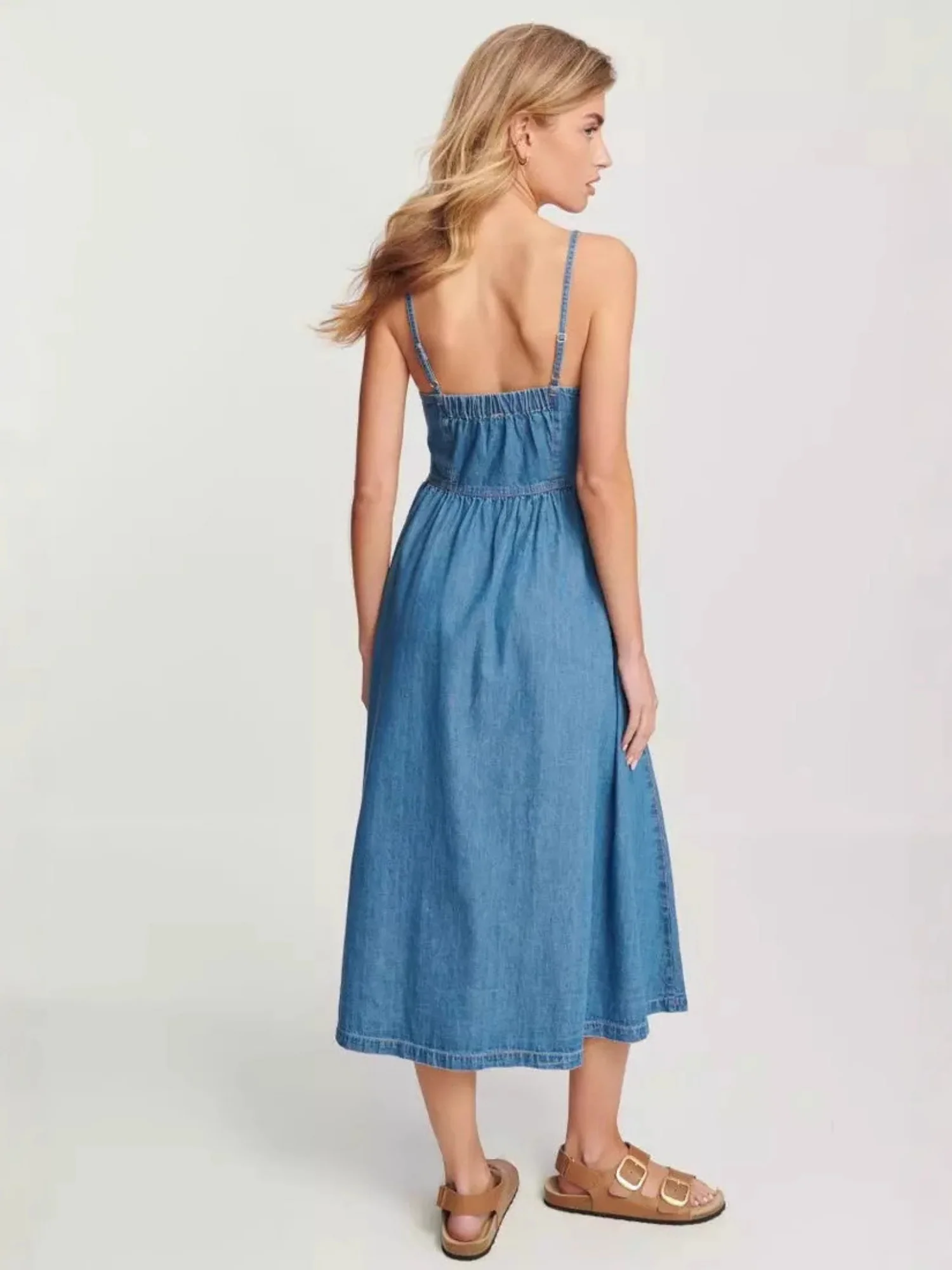 Denim Pocket Buttons Camisoles Maxi Dresses - Image 3