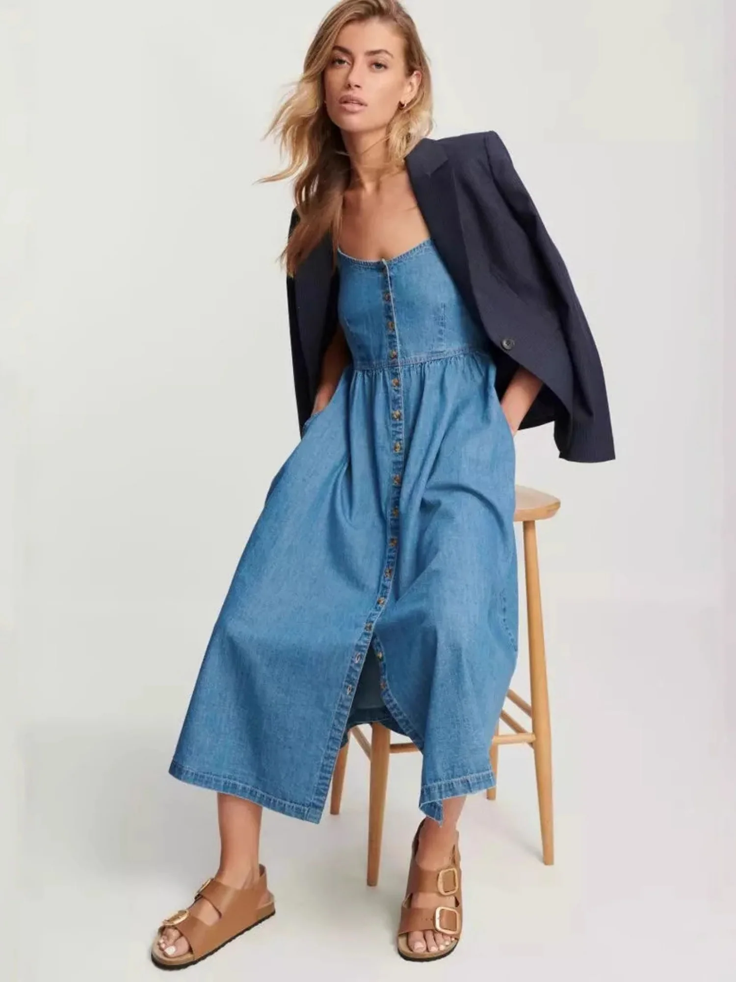 Denim Pocket Buttons Camisoles Maxi Dresses - Image 4
