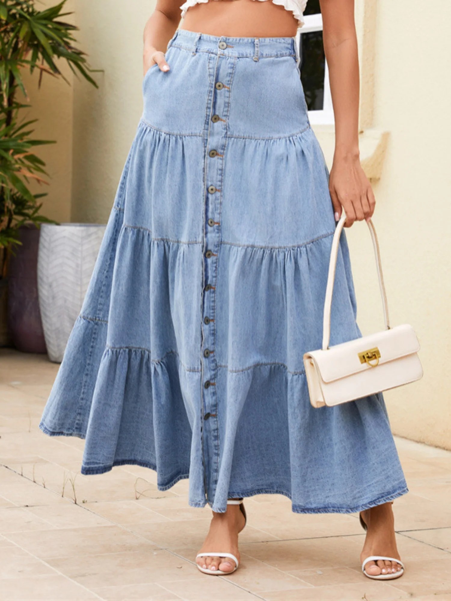 Denim Buttons Pocket Layering Skirts - Image 3
