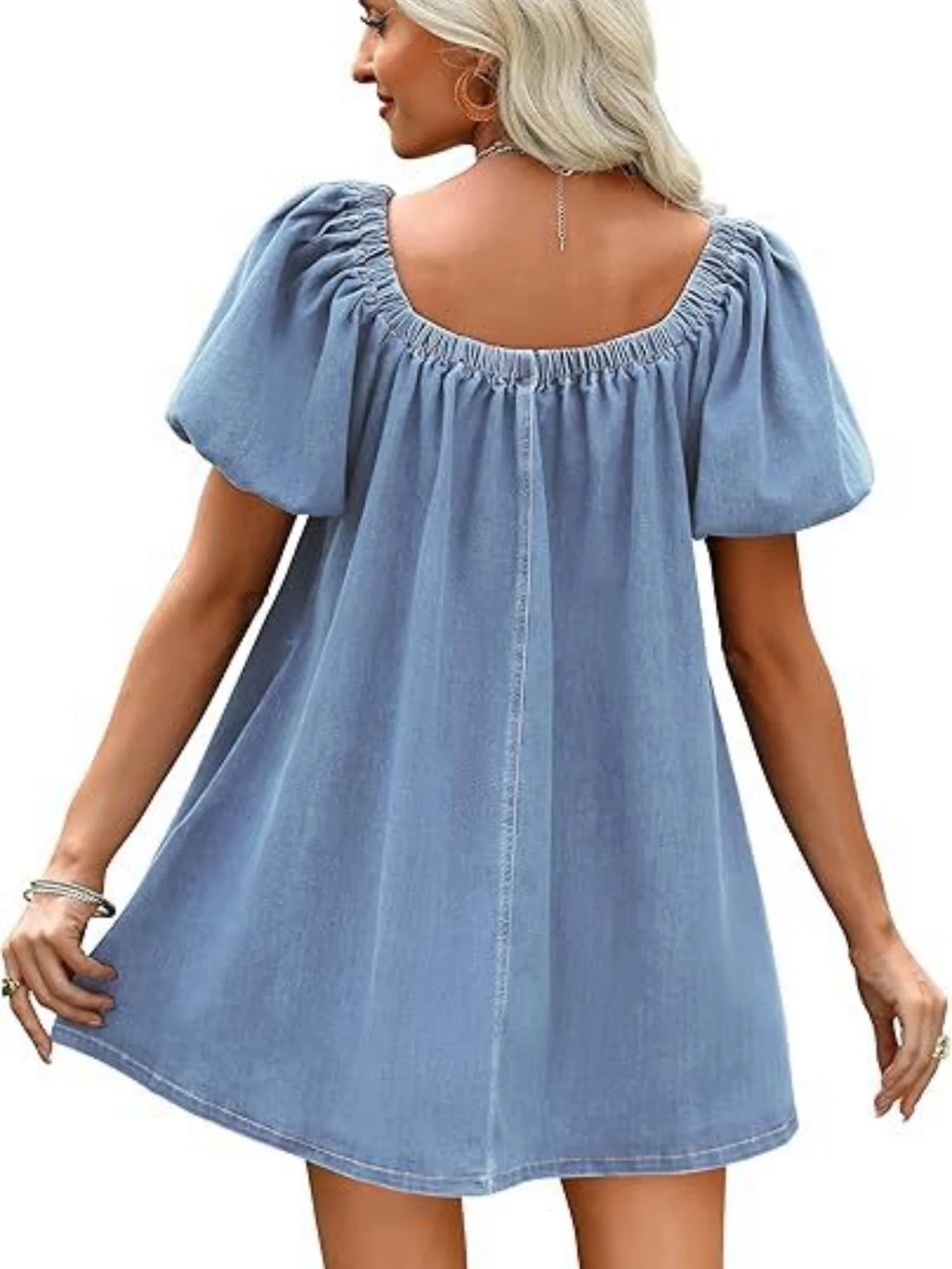 Denim Lace Up Square Neckline And Puff Sleeves Mini&Short Dresses - Image 2