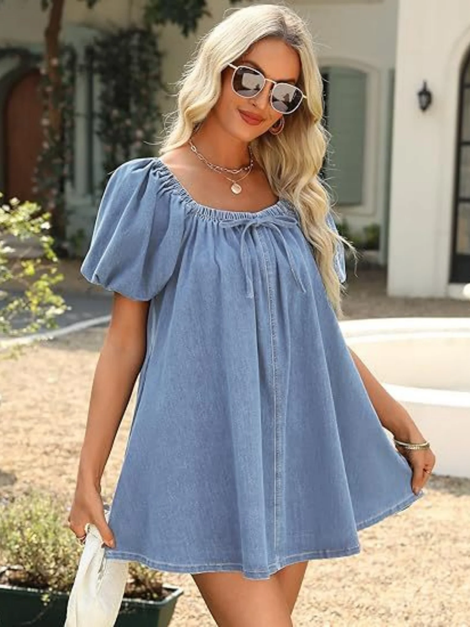 Denim Lace Up Square Neckline And Puff Sleeves Mini&Short Dresses - Image 4