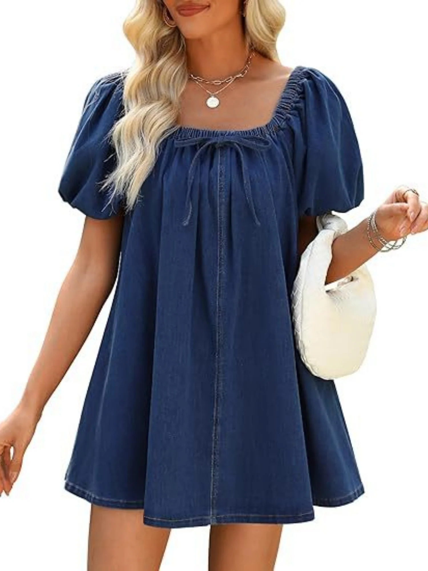 Denim Lace Up Square Neckline And Puff Sleeves Mini&Short Dresses - Image 5