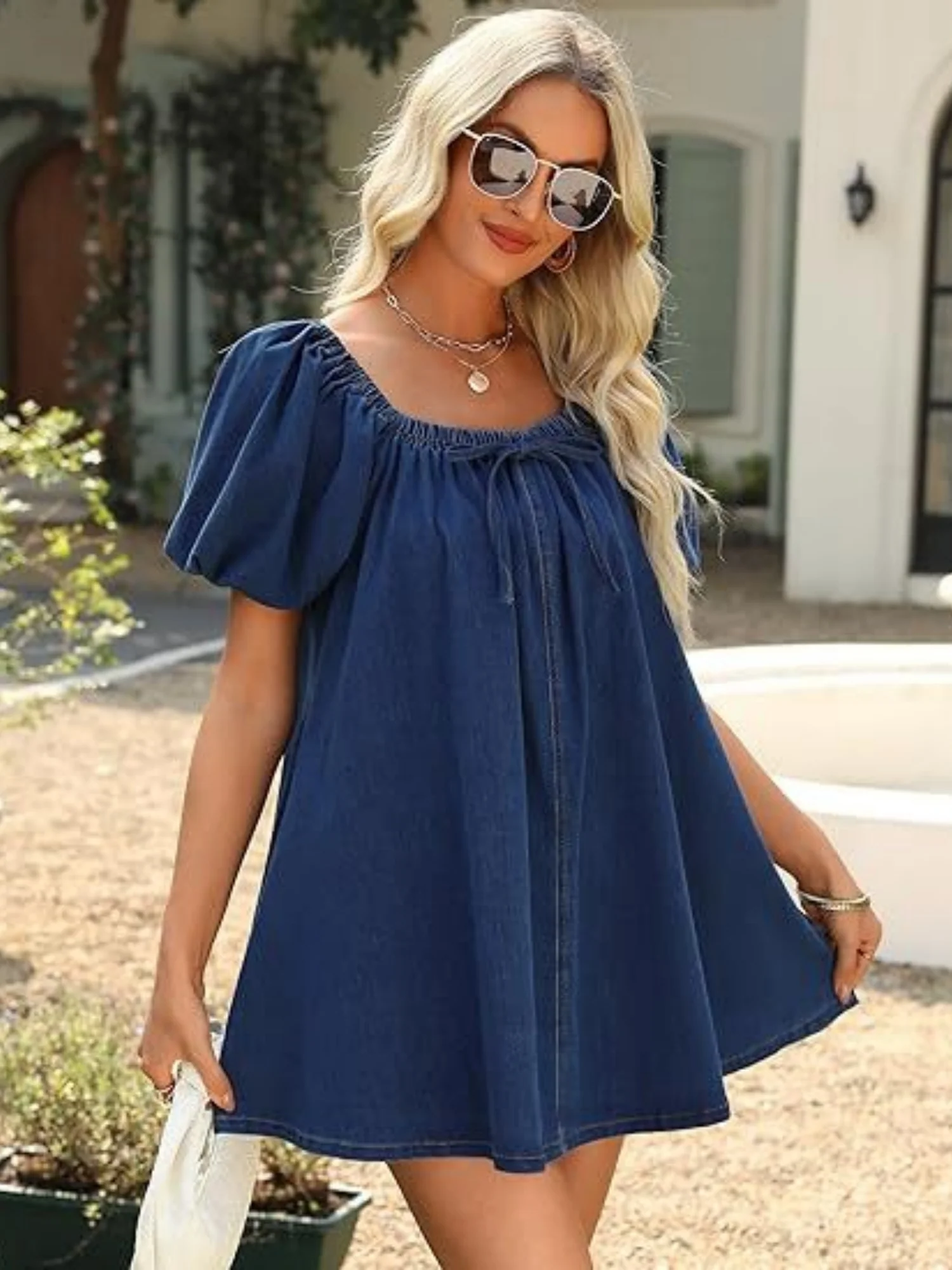 Denim Lace Up Square Neckline And Puff Sleeves Mini&Short Dresses - Image 6