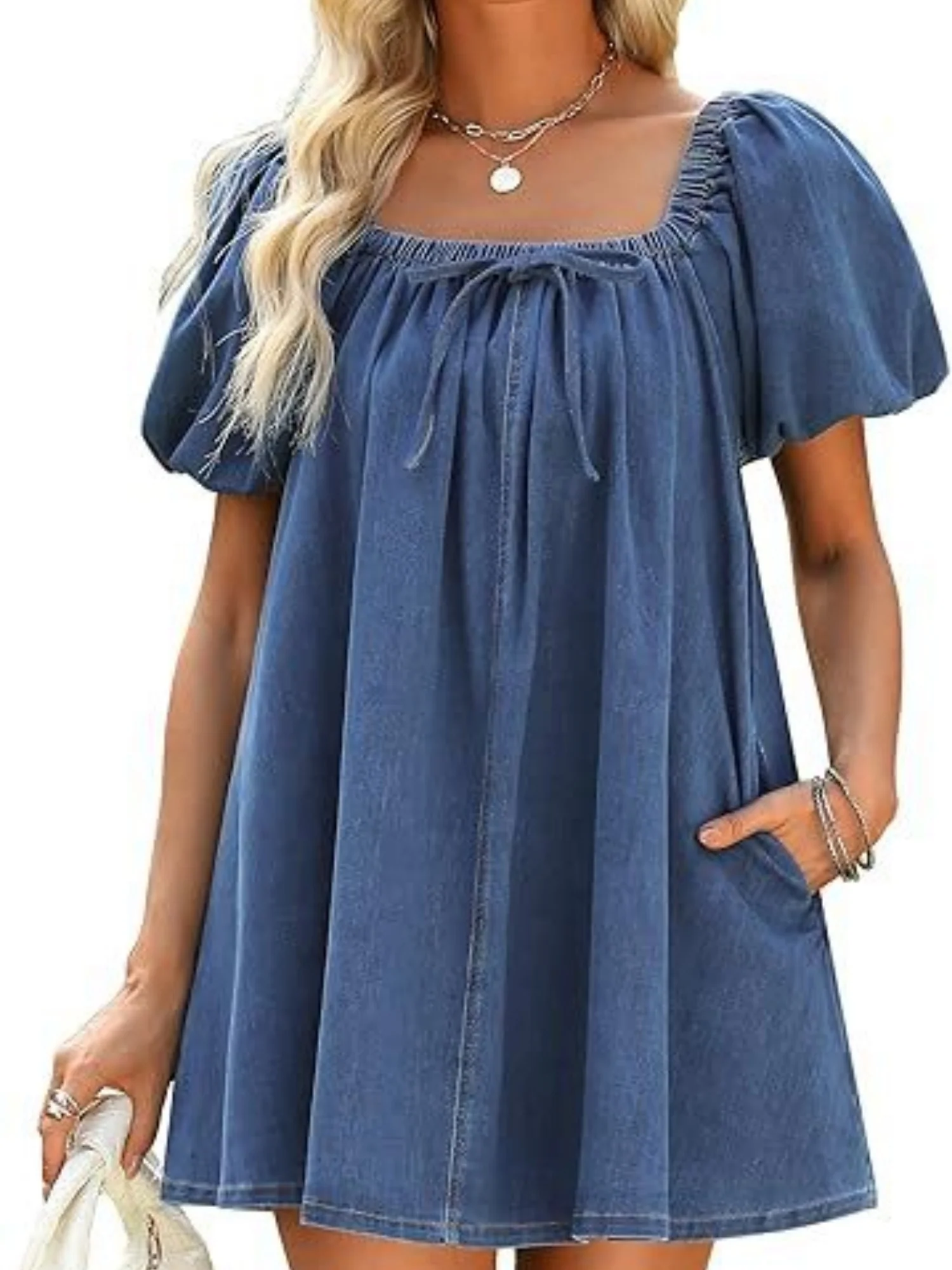 Denim Lace Up Square Neckline And Puff Sleeves Mini&Short Dresses - Image 7