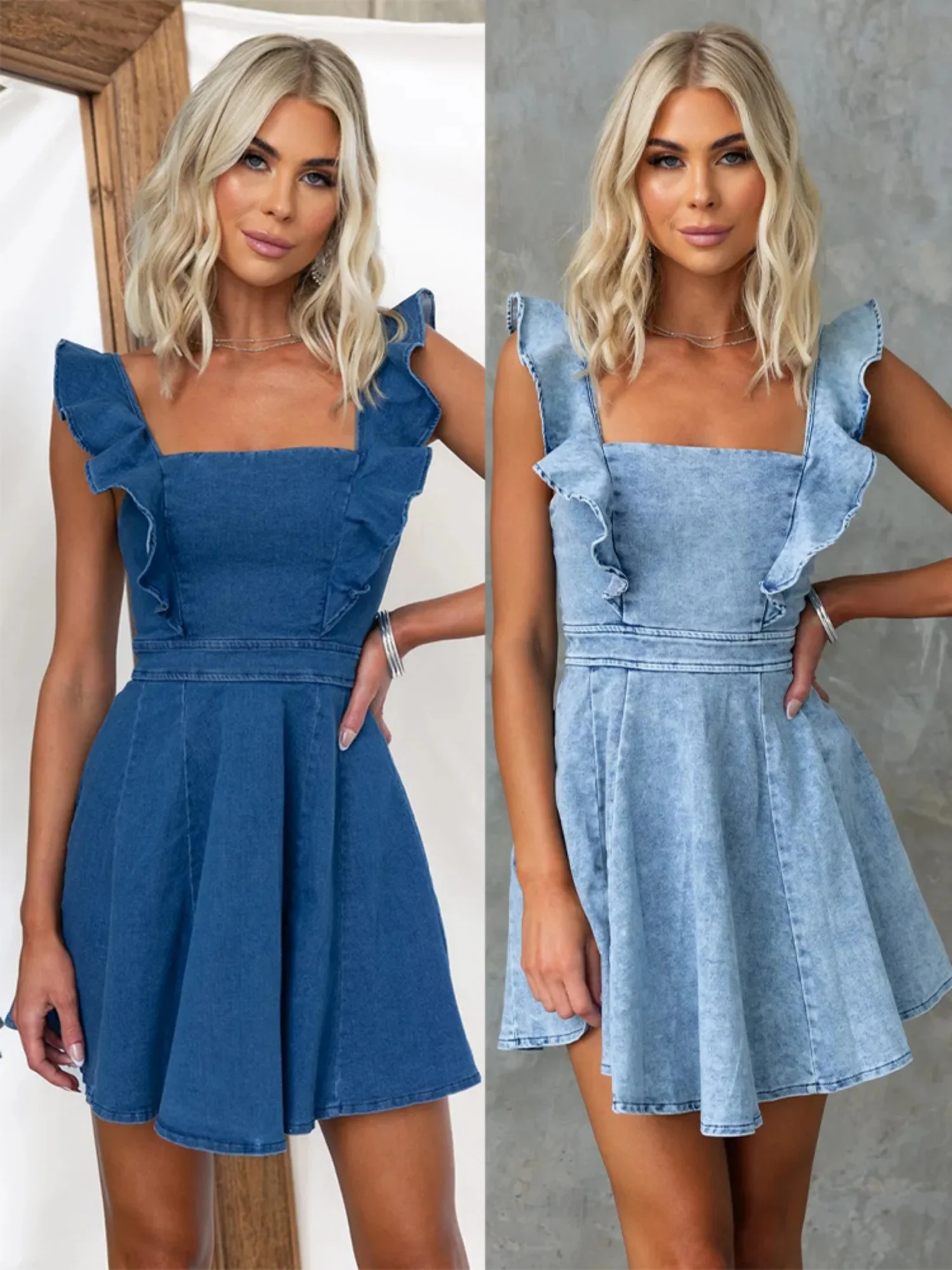Denim Flying Sleeves Backless Mini&Short Dresses