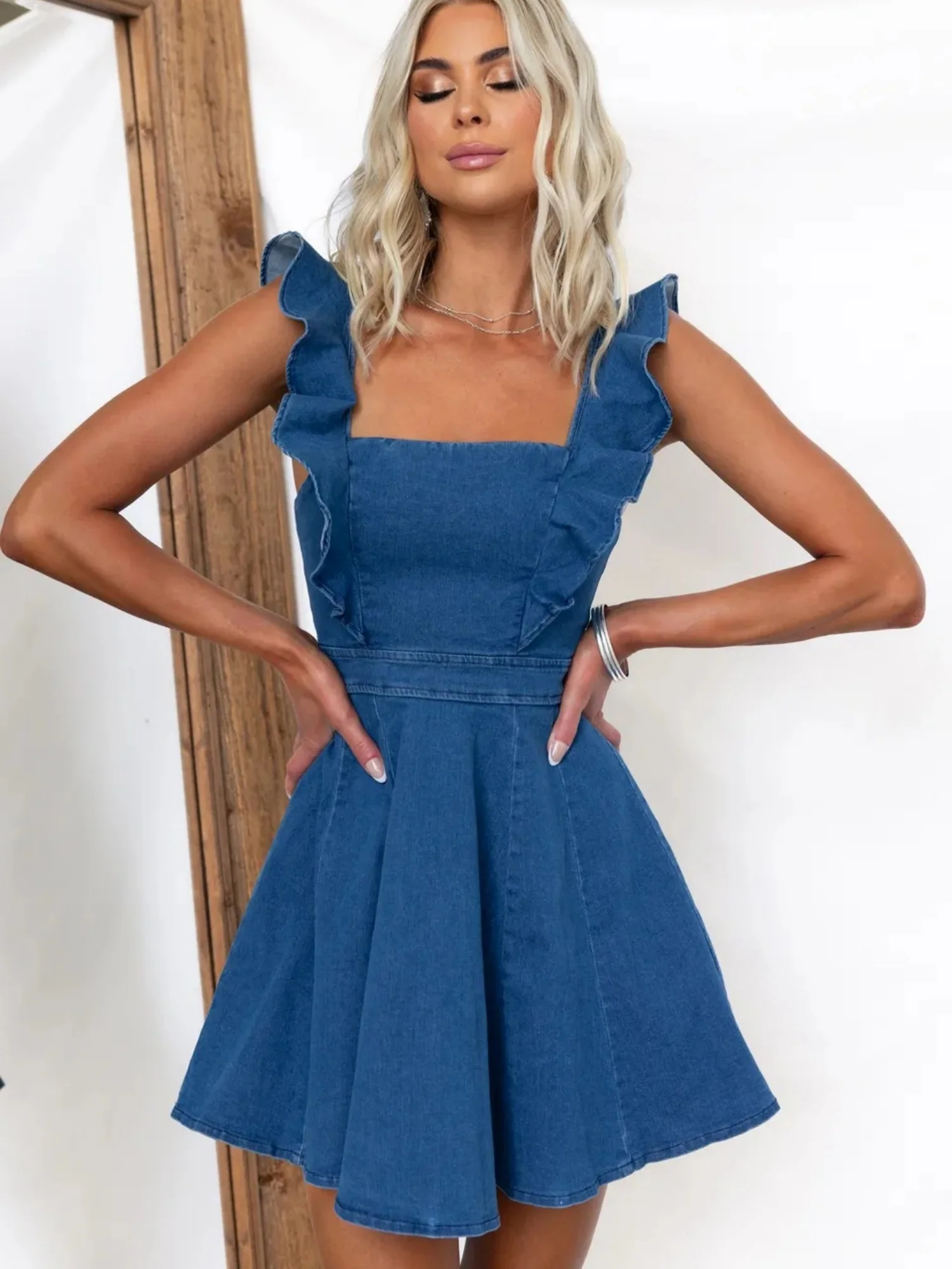 Denim Flying Sleeves Backless Mini&Short Dresses - Image 5