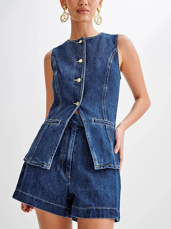 Sleeveless High-waisted Buttons Denim Vest And Shorts 2-piece Sets - Image 2