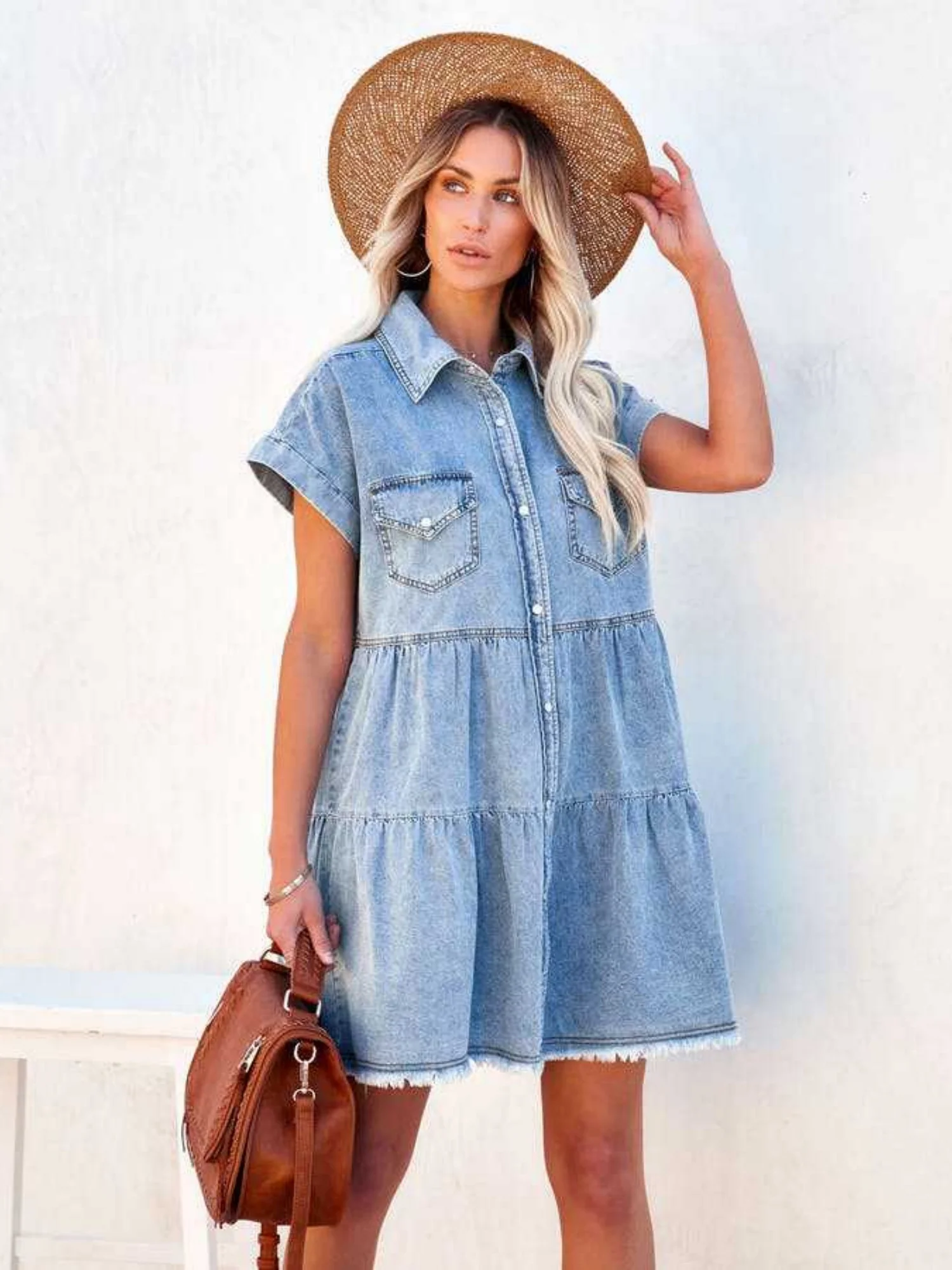 Denim Buttons POLO Collar Short-sleeved Shirt Mini&Short Dresses - Image 3