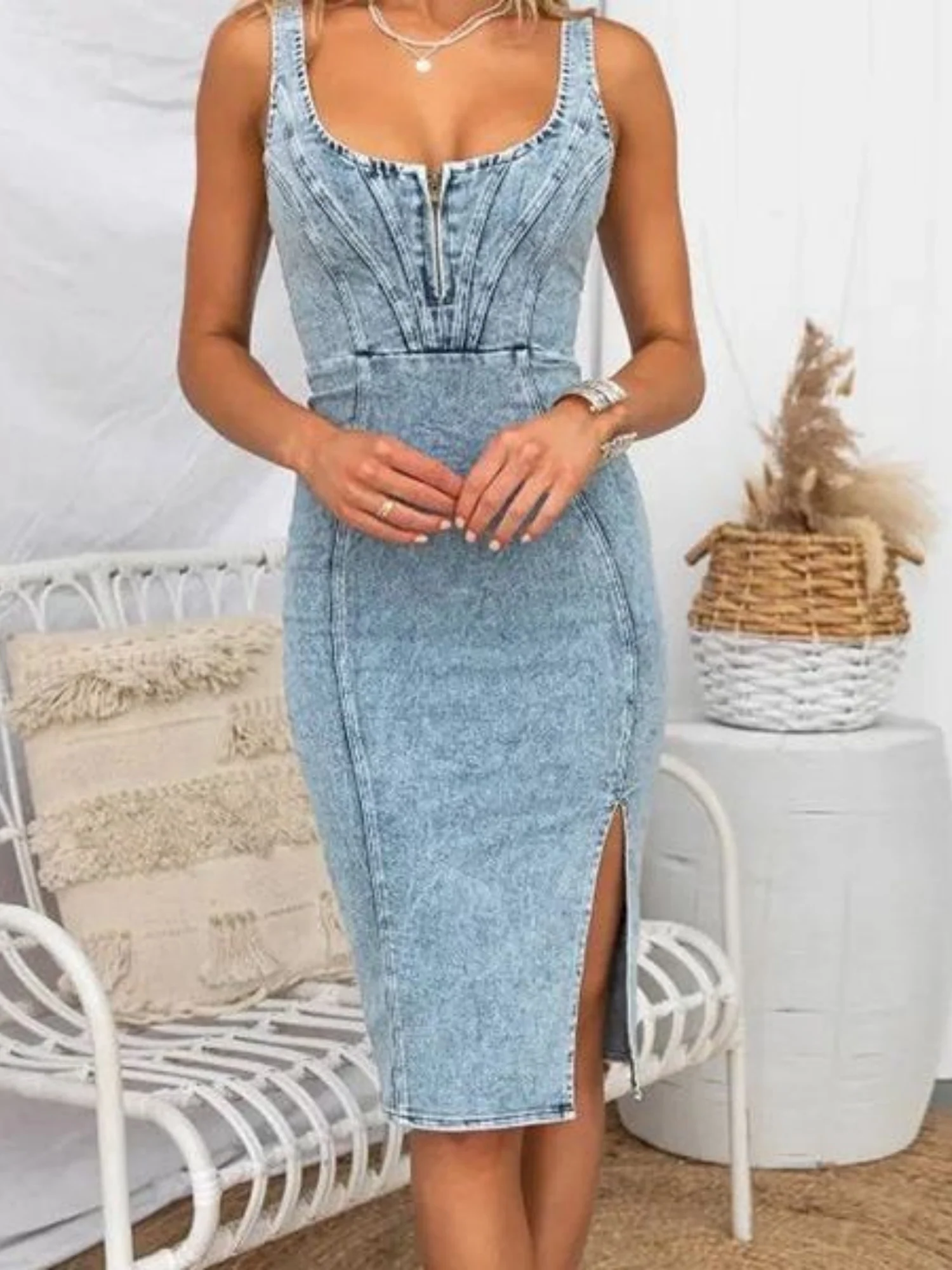 Denim Distressed Suspender U-neck Slit Midi Dresses - Image 2