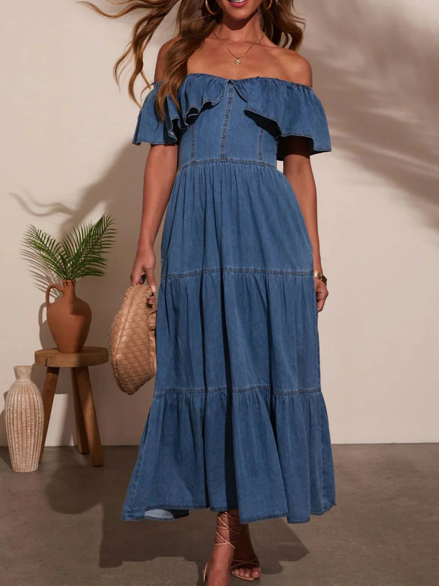 Denim Ruffle Crew Neck Large Skirt Maxi Dresses - Image 2
