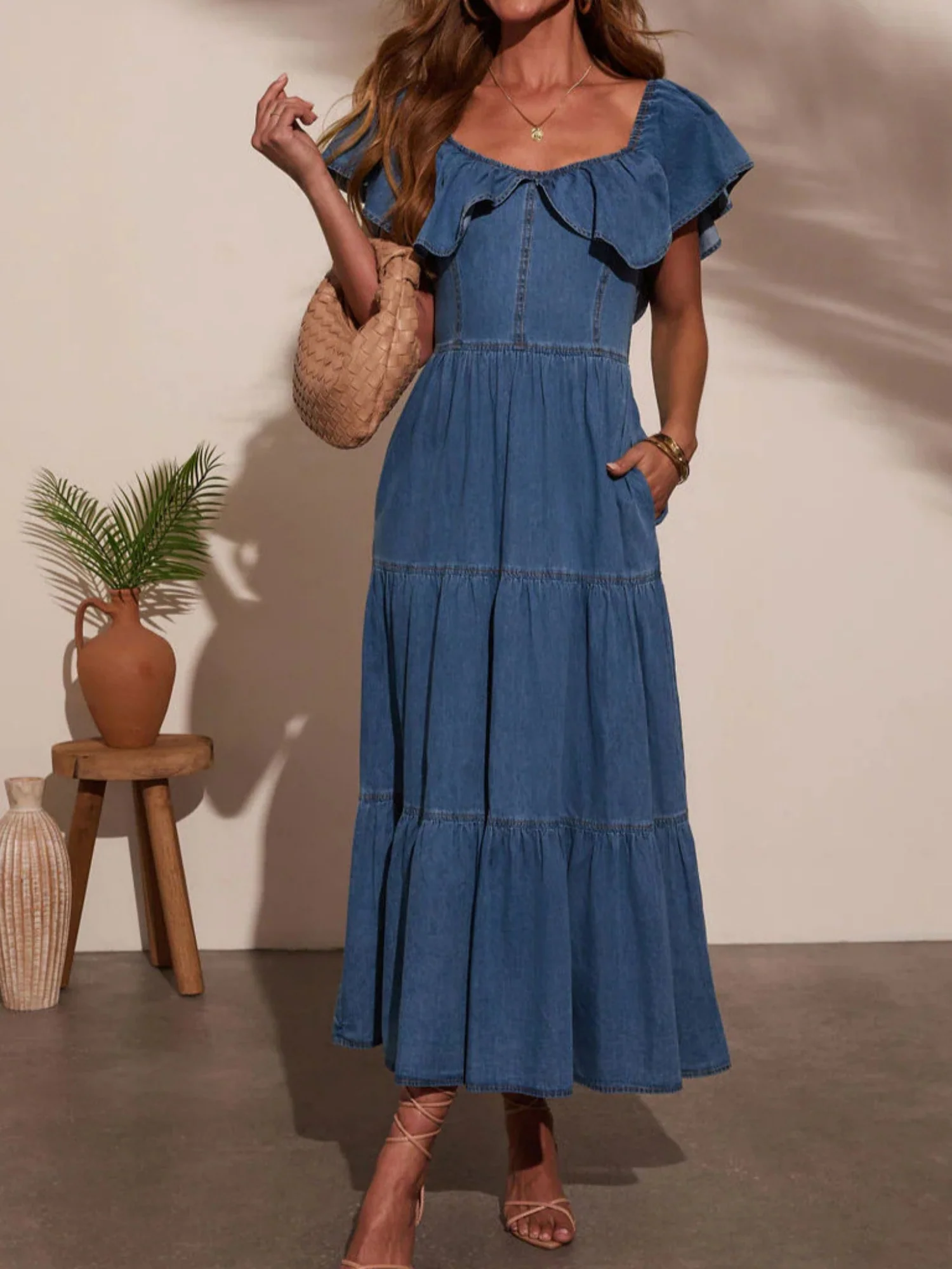 Denim Ruffle Crew Neck Large Skirt Maxi Dresses - Image 3