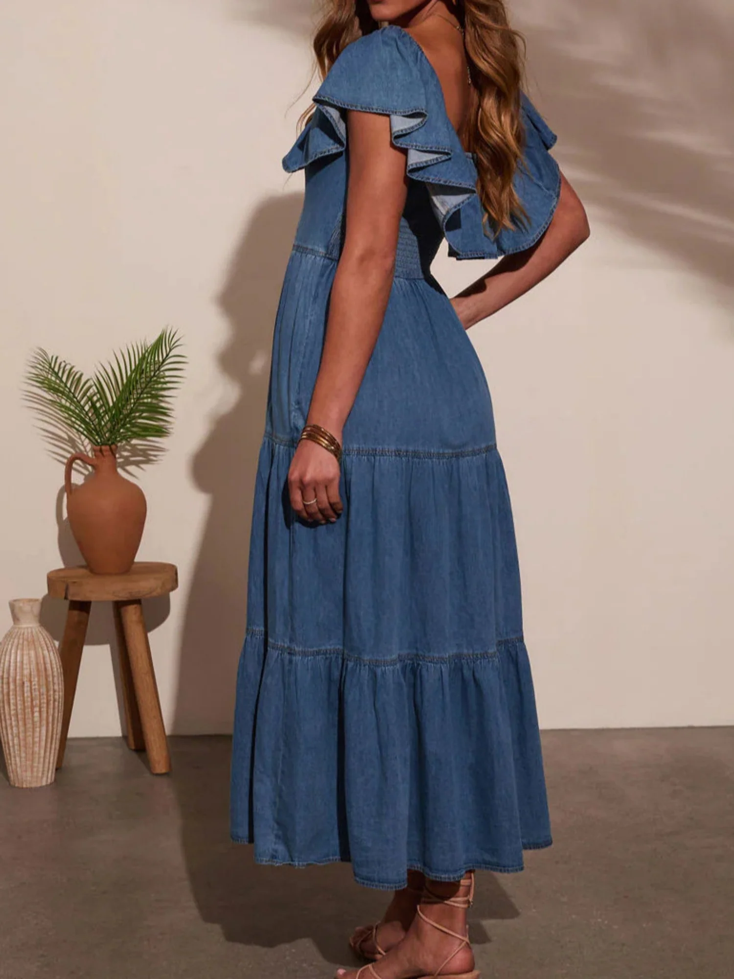 Denim Ruffle Crew Neck Large Skirt Maxi Dresses - Image 4
