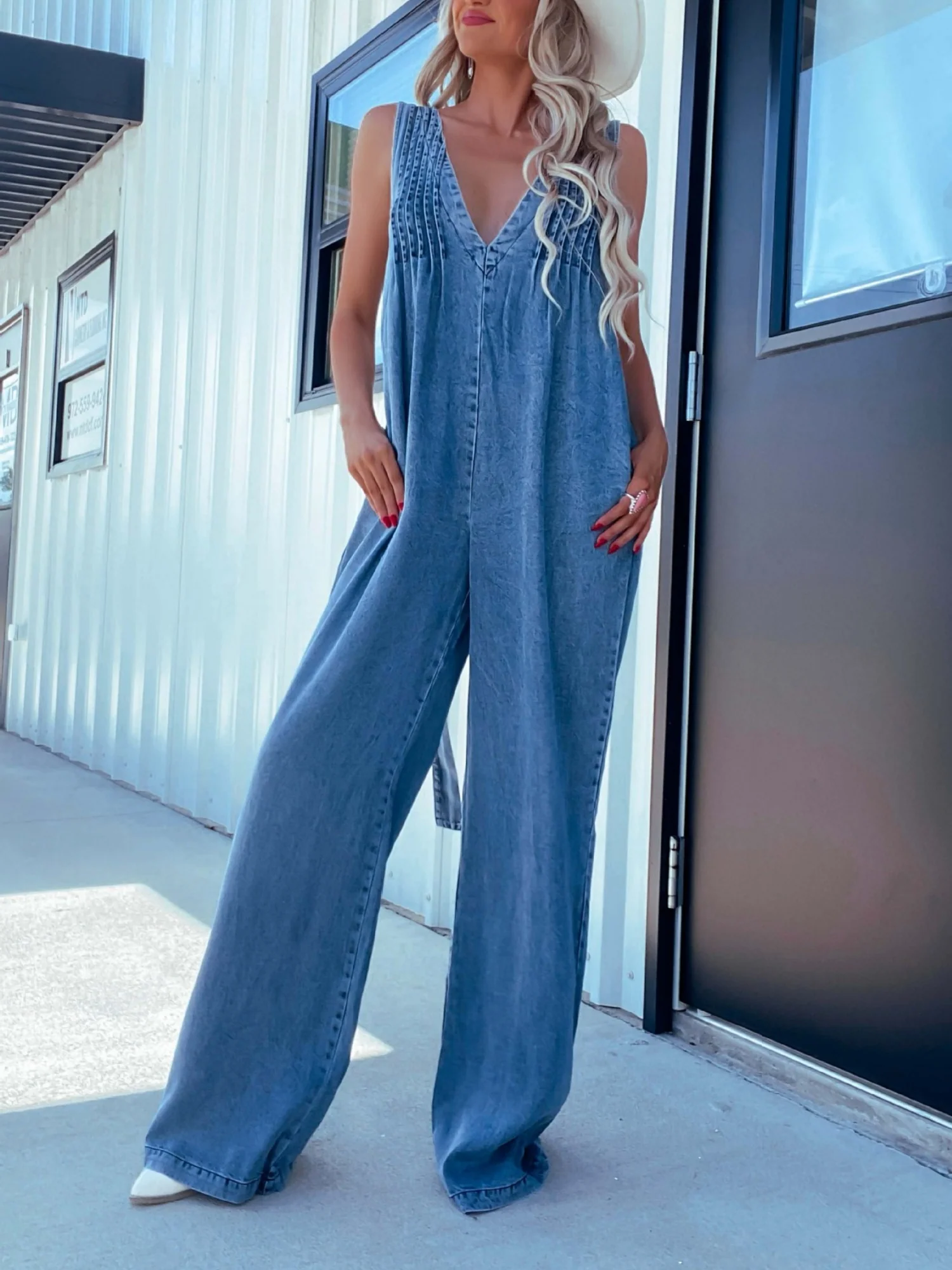 Denim Washed V-neck Sleeveless Loose-fit Jumpsuits - Image 2