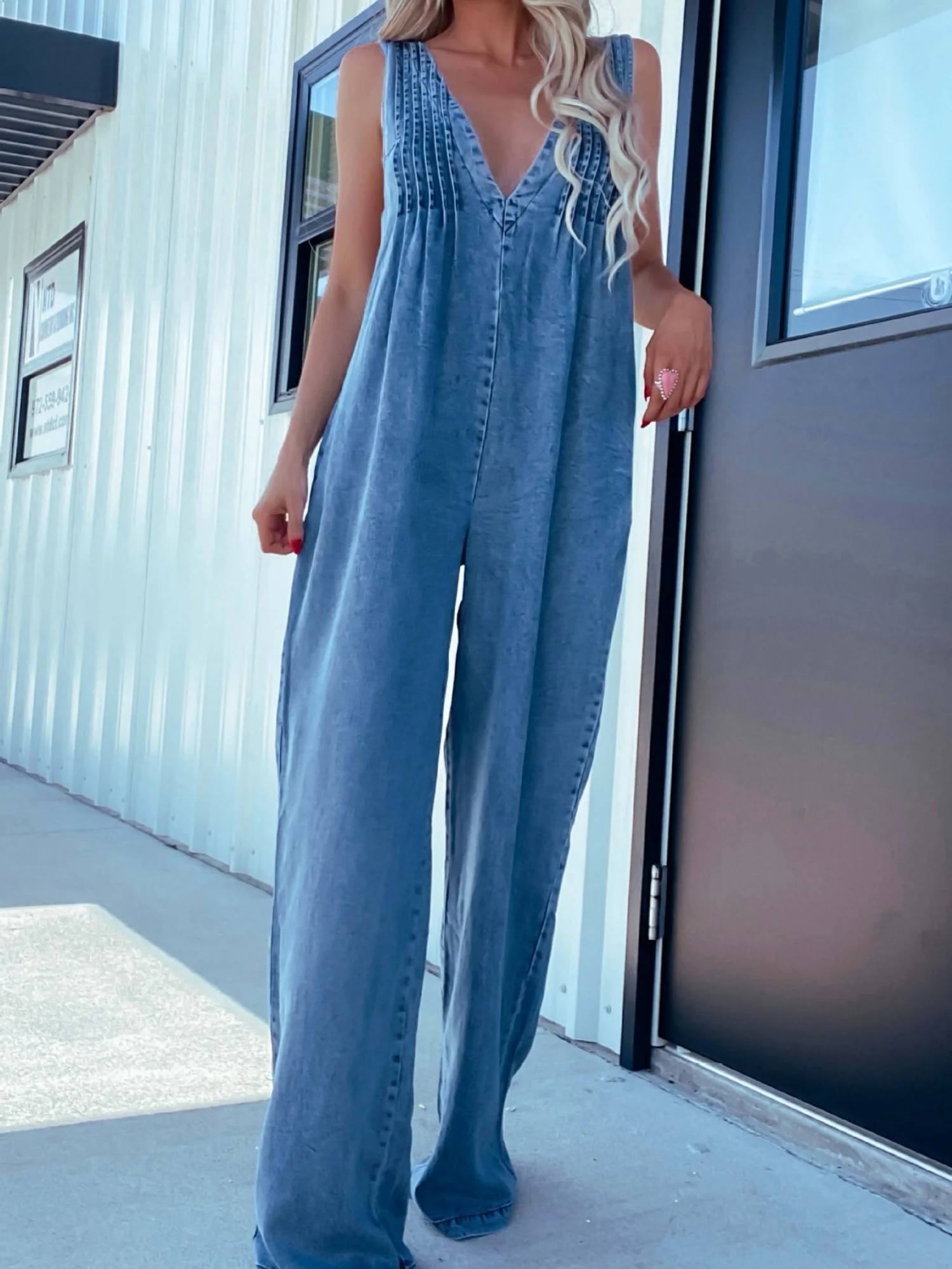 Denim Washed V-neck Sleeveless Loose-fit Jumpsuits - Image 4
