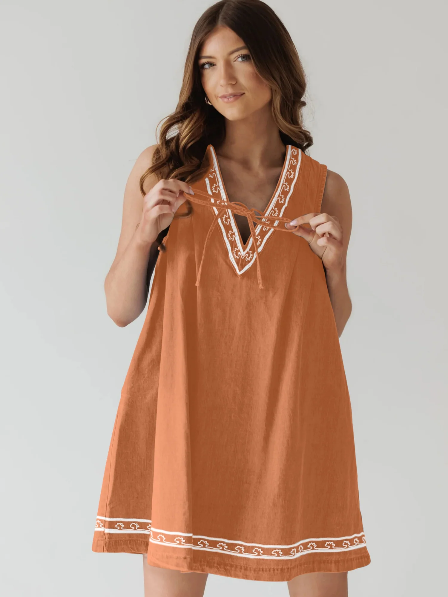 Denim Embroidery Openwork Tie V-neck Sleeveless Mini&Short Dresses - Image 11