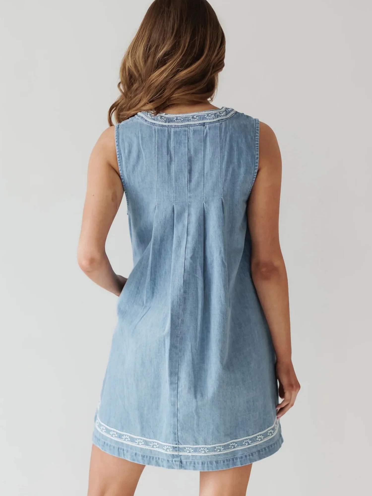 Denim Embroidery Openwork Tie V-neck Sleeveless Mini&Short Dresses - Image 2