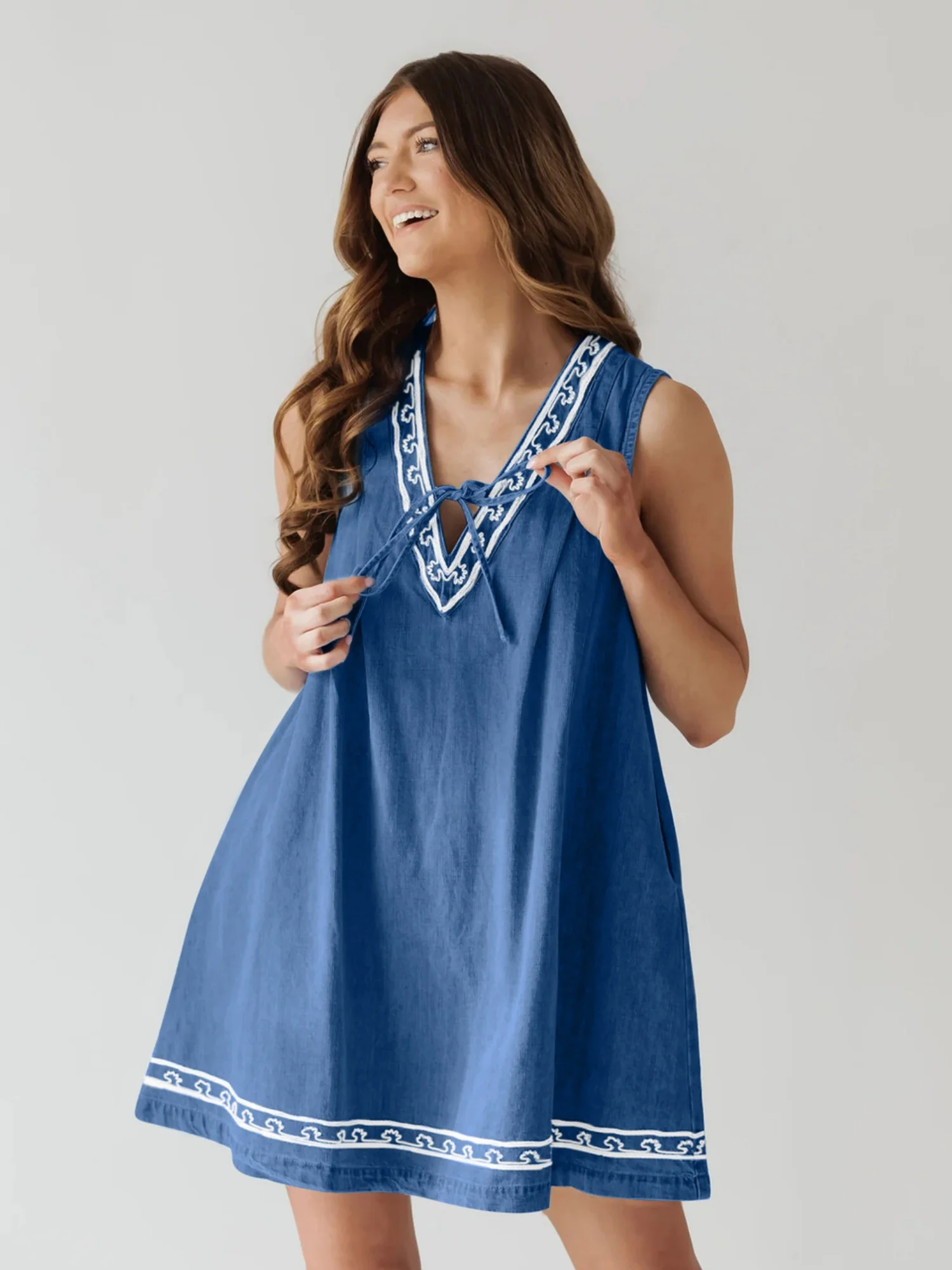 Denim Embroidery Openwork Tie V-neck Sleeveless Mini&Short Dresses - Image 4