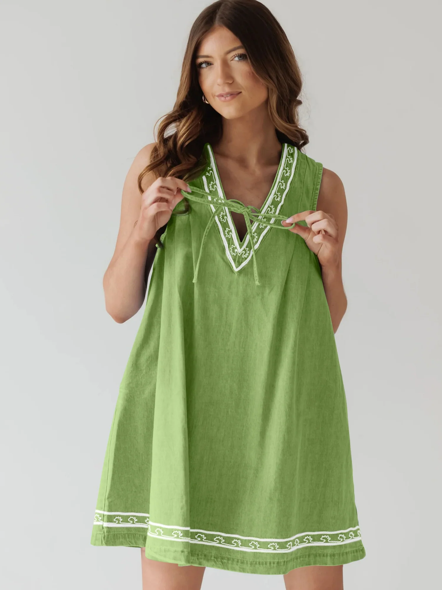 Denim Embroidery Openwork Tie V-neck Sleeveless Mini&Short Dresses - Image 7