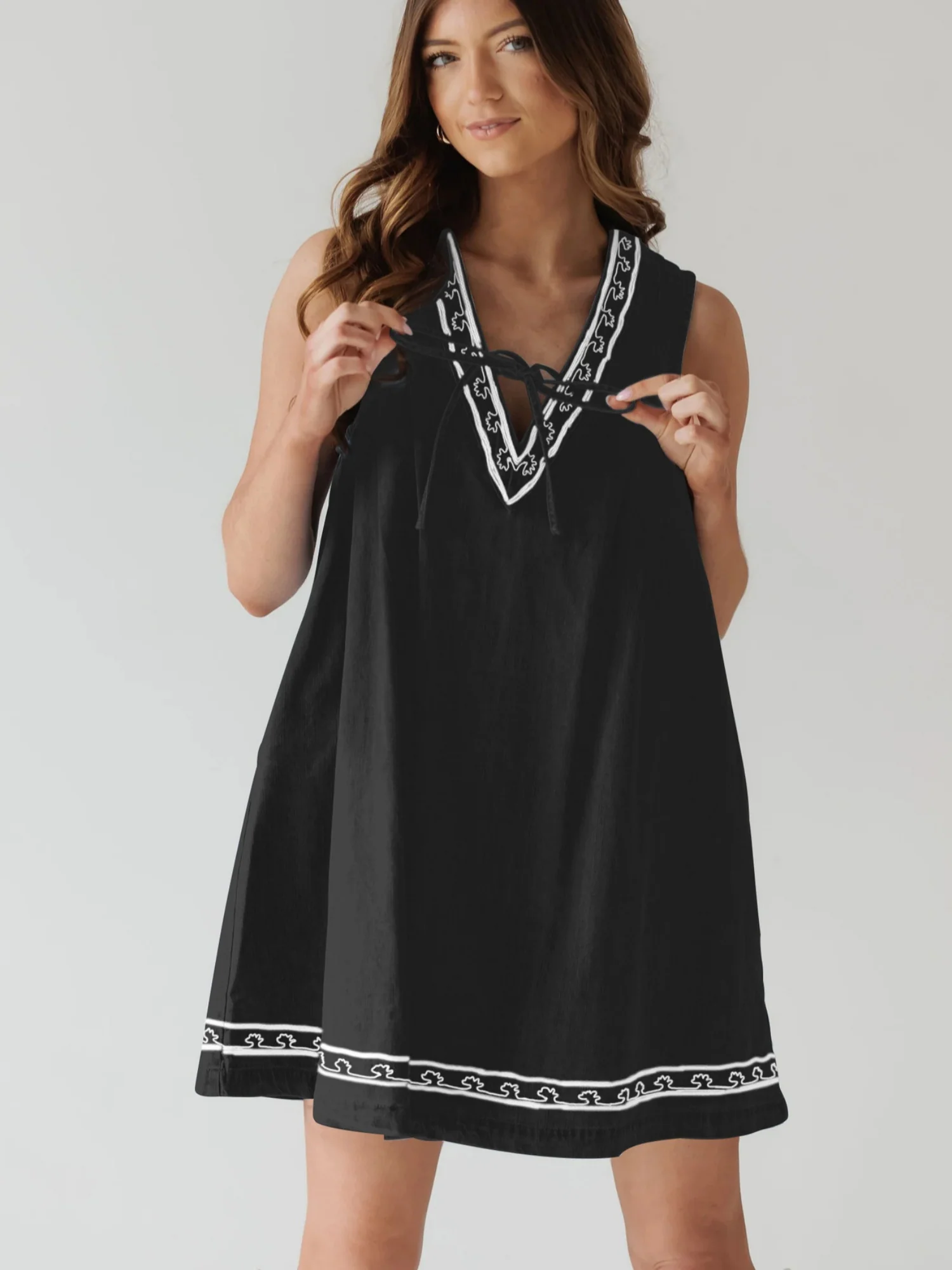 Denim Embroidery Openwork Tie V-neck Sleeveless Mini&Short Dresses - Image 9