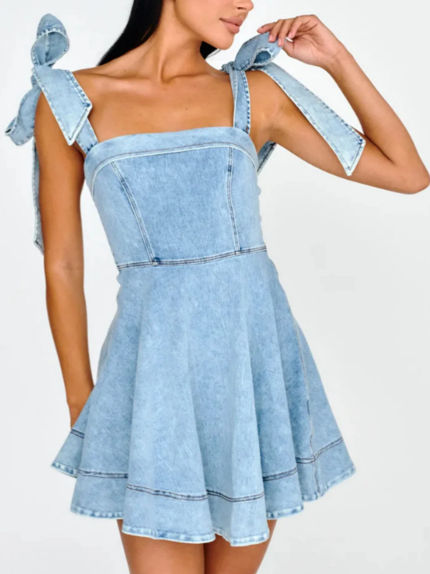 Denim Bow Tie Mini&Short Dresses - Image 2